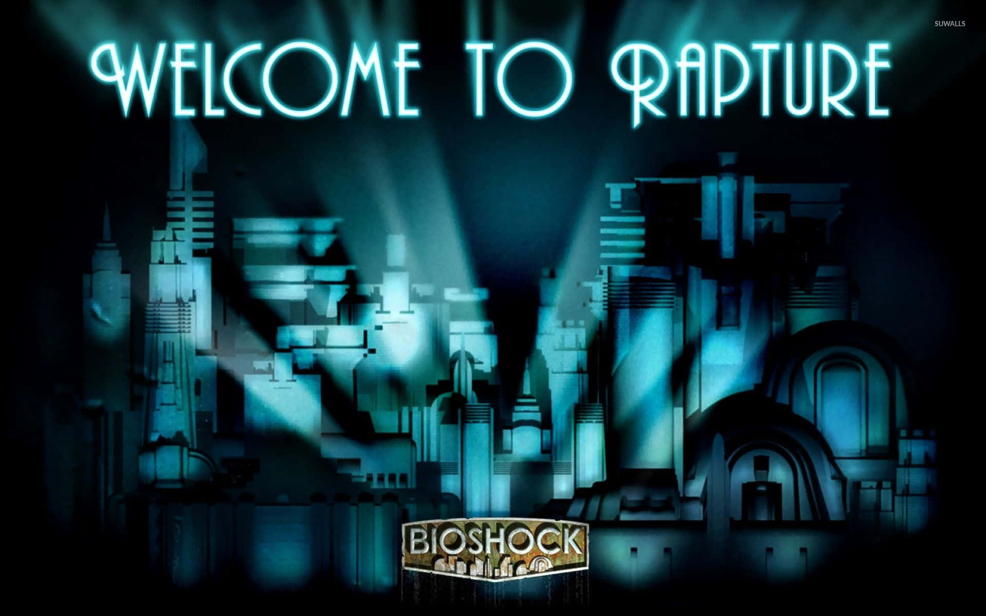 桌布 壁紙 — 在黑暗的天空下，一個發光的藍色霓虹燈牌寫著「welcome to rapture」，上方是風格化的裝飾藝術城市景觀。