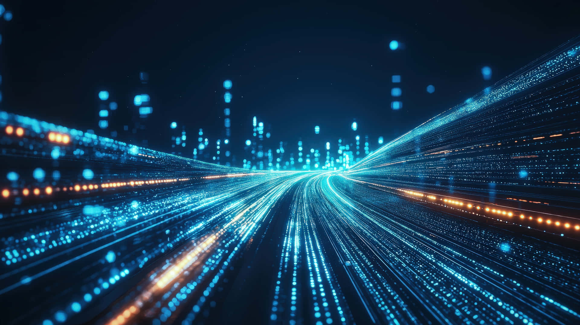 A high-speed futuristic digital highway with glowing blue light trails, representing fast data flow 壁紙 — 在黑暗的天空下，一條由發光藍色和橙色數據流組成的未來數位高速公路匯聚向一個發光的城市天際線。
