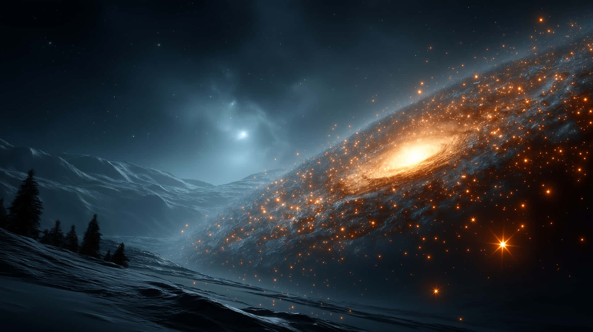 A Glowing Spiral Galaxy Over a Snowy Alien Planet Landscape 壁紙 — 在黑暗的天空下，一條被雪覆蓋的山脊，一道發光的螺旋星系在水平線上傾瀉而下。