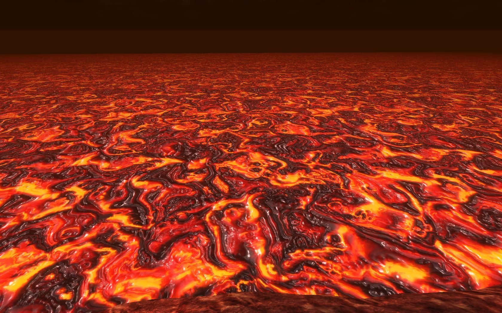 lava 桌布 壁紙 — 在黑暗的天空下，一片廣闊的熔岩海洋流動著發光的橙色和紅色流。