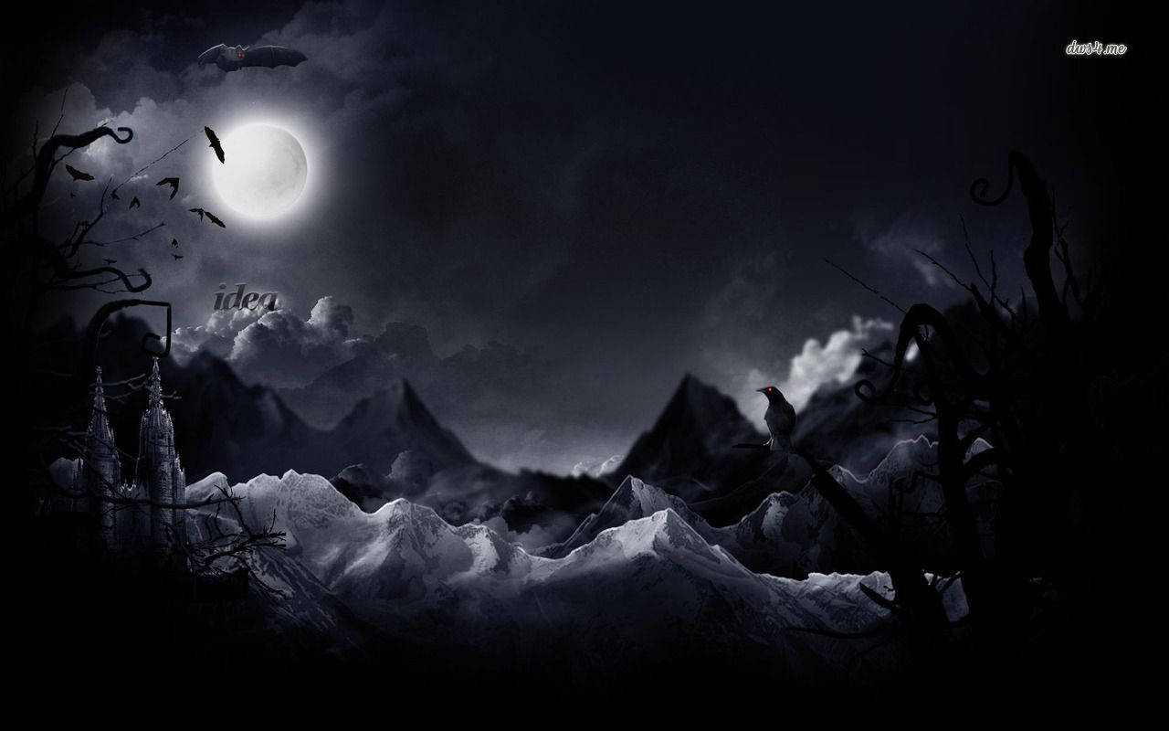 Dark Halloween 桌布 壁紙 — 在黑暗的天空下，月光照耀的山地景觀中，有哥德式城堡的剪影、飛翔的蝙蝠和怪異扭曲的樹木。