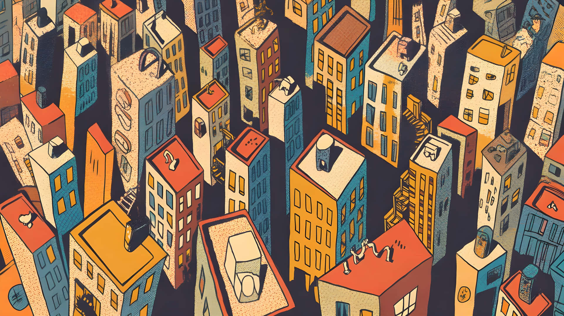 Vintage Isometric Urban Cityscape Illustration Wallpaper 壁紙 — 在黑暗的天空下，色彩繽紛的卡通建築緊密排列的充滿活力的風格化城市景觀。