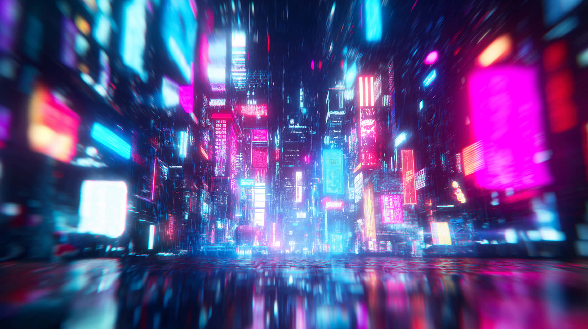 Vibrant Neon-Lit Cyberpunk City Night from Street Level View 壁紙 — 在黑暗的天空下，霓虹燈閃爍的賽博龐克城市景觀，高聳的摩天大樓散發著電光藍、粉紅和洋紅色。
