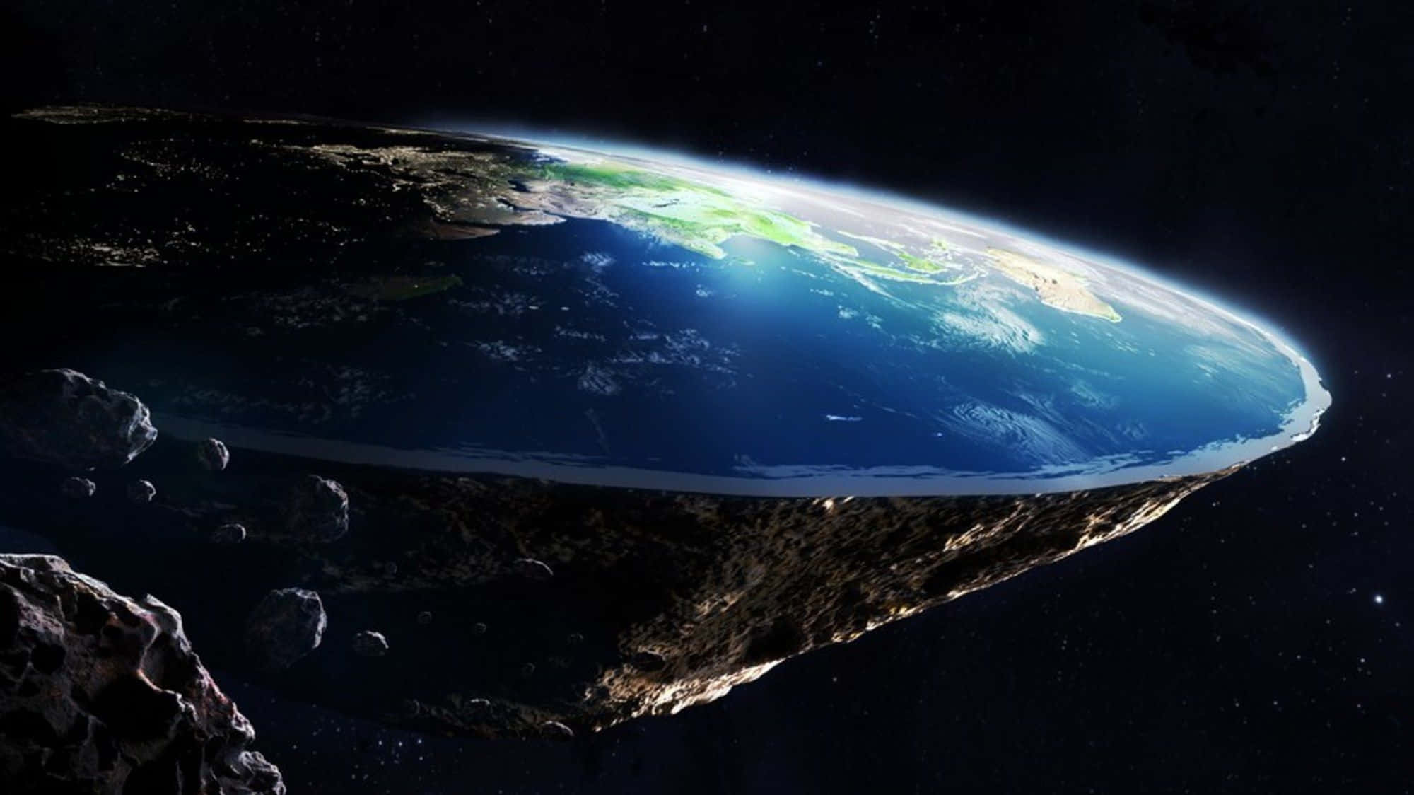 Flat Earth 桌布 壁紙 — 在黑暗的宇宙中，地球漂浮在崎嶇的小行星帶上方，彎曲的地平線上有閃爍的城市燈光，景色壯麗。