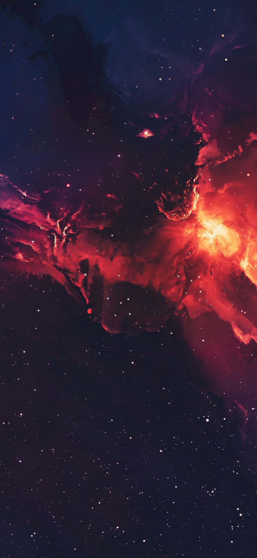 Cosmos 桌布 壁紙 — 在黑暗的宇宙天空下，星場背景中，一團宇宙星雲以火紅和深紫色旋轉。