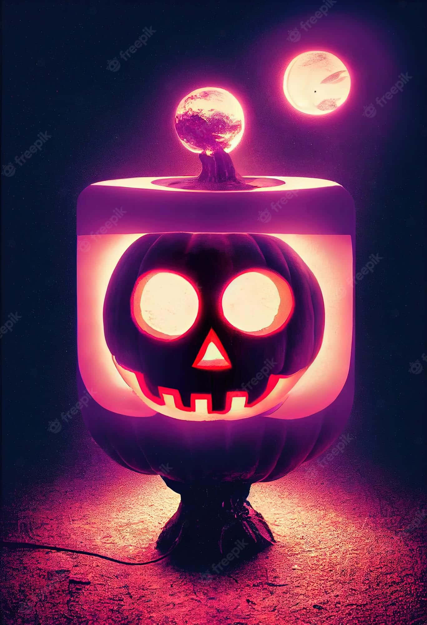 Neon Halloween 桌布 壁紙 — 在黑暗的宇宙環境中，一個發光的南瓜燈籠伴隨著兩個粉紅色的月亮。