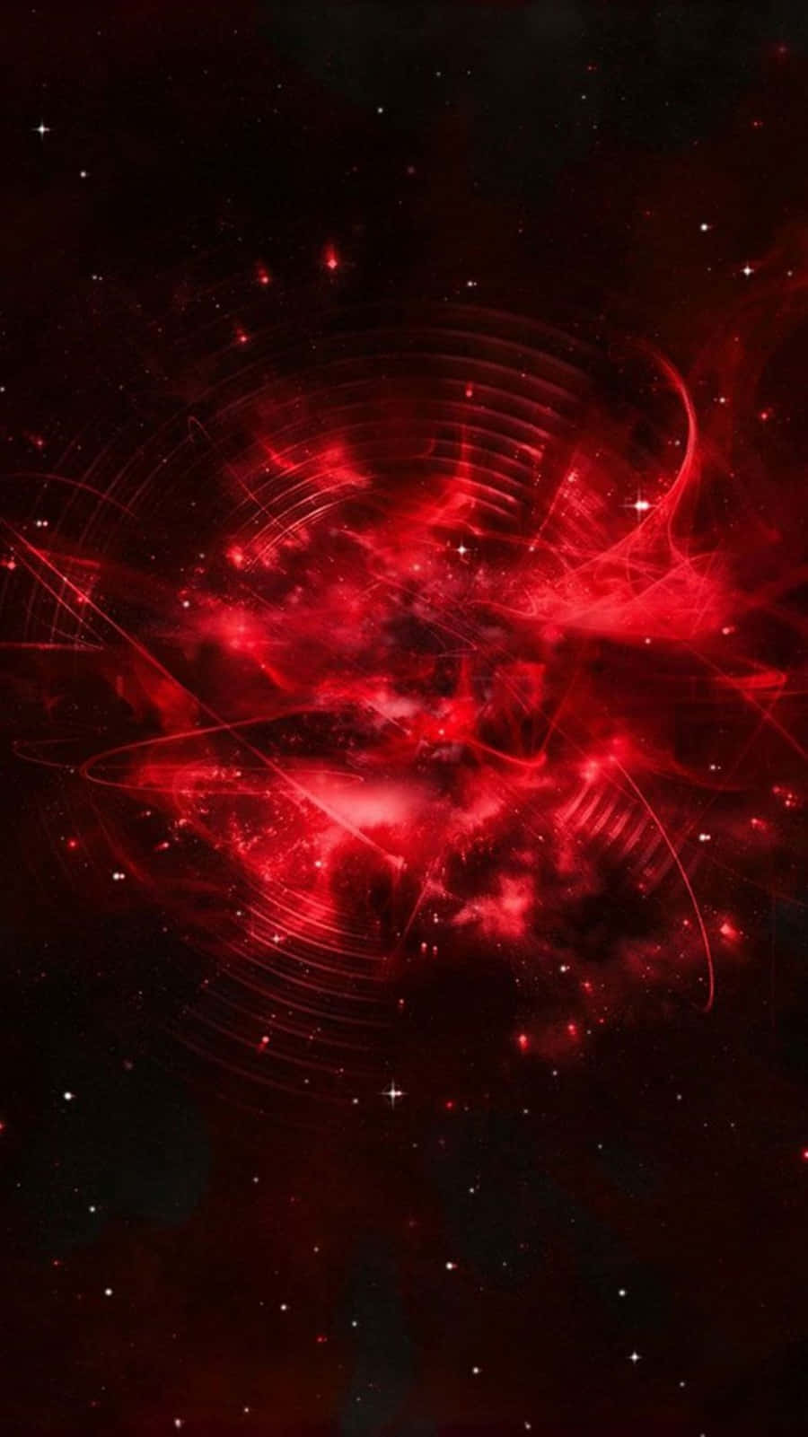 Red Abstract 桌布 壁紙 — 在黑暗的宇宙背景下，一個充滿活力的紅色星雲旋轉著發光的絲狀物和星星。