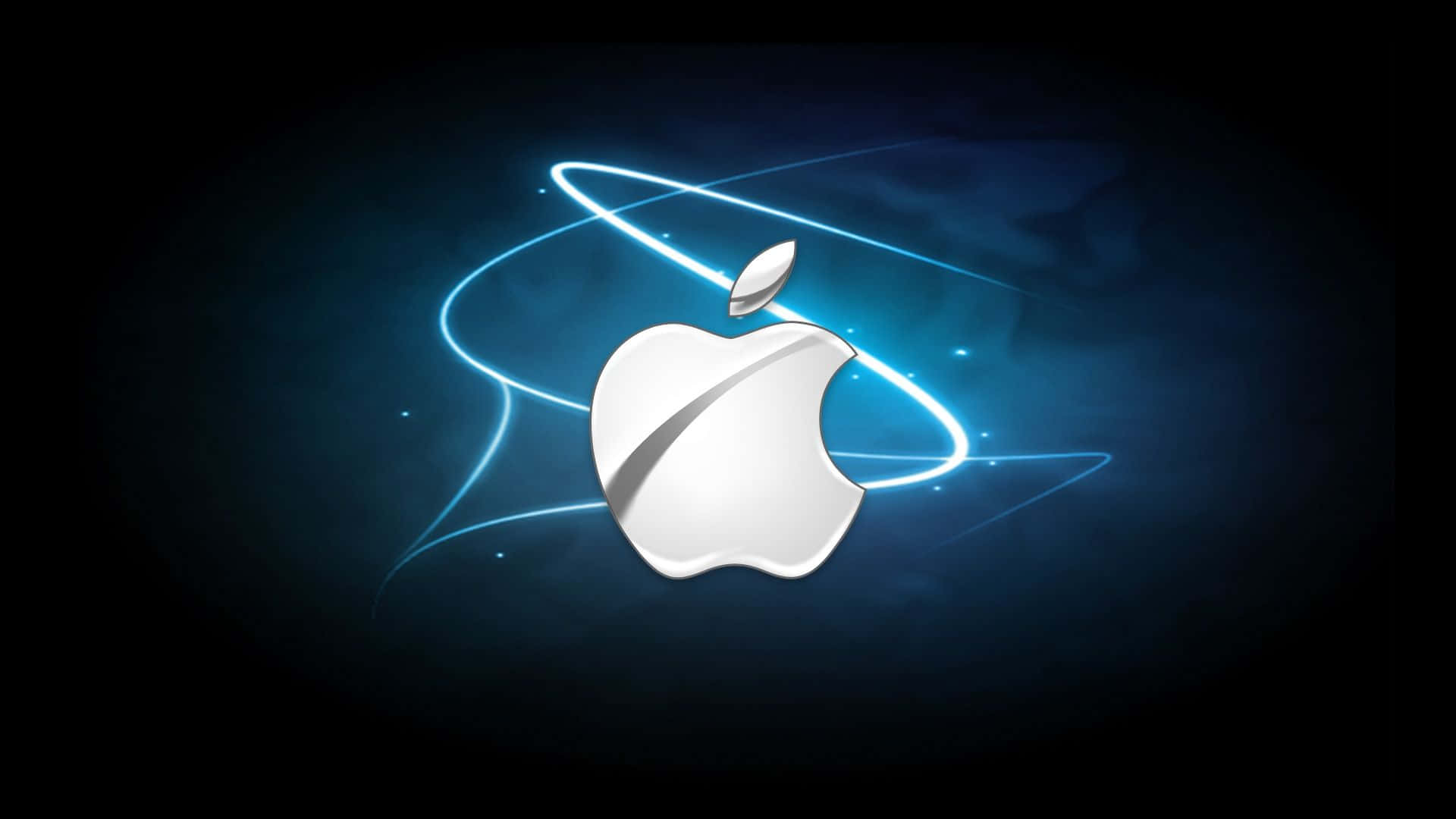 HD Apple 桌布 壁紙 — 在黑暗的宇宙背景下，一個閃亮的銀色Apple標誌被電光藍色的軌道線包圍。