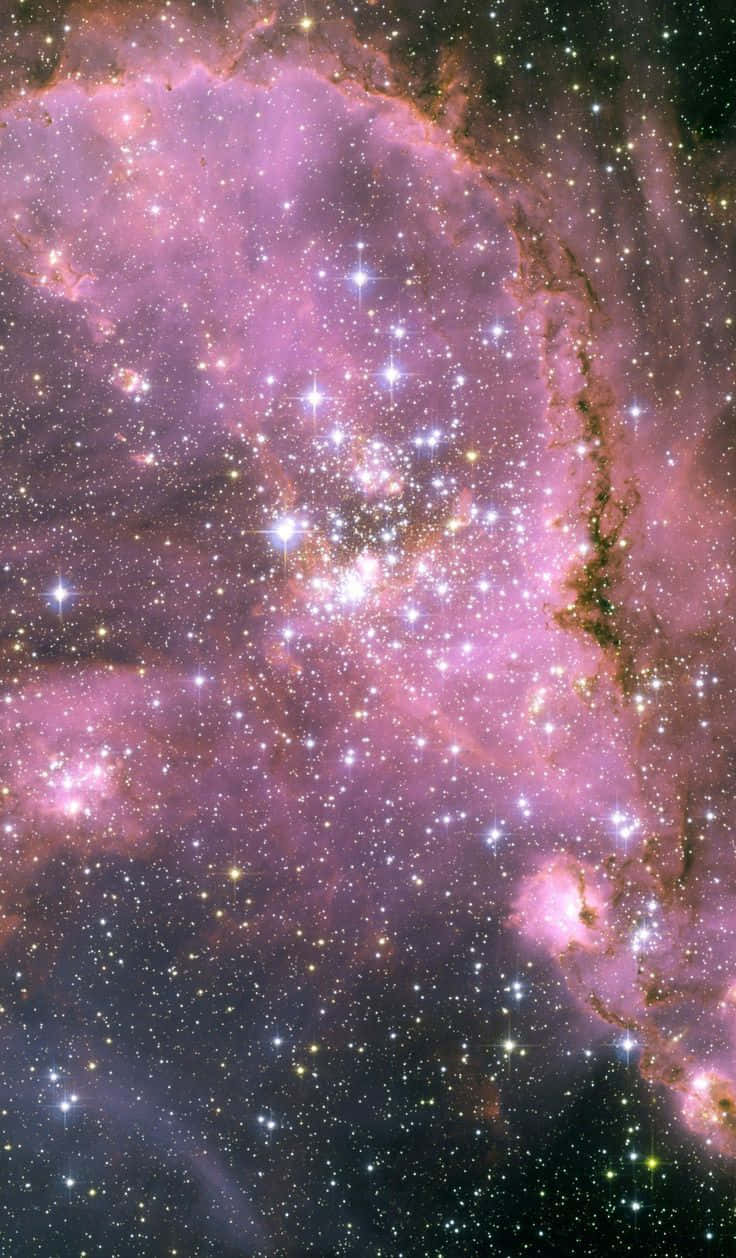 Interstellar Cloud 桌布 壁紙 — 在黑暗的宇宙背景下，充滿無數閃爍星星的發光粉紅色和紫色星雲的壯麗景色。