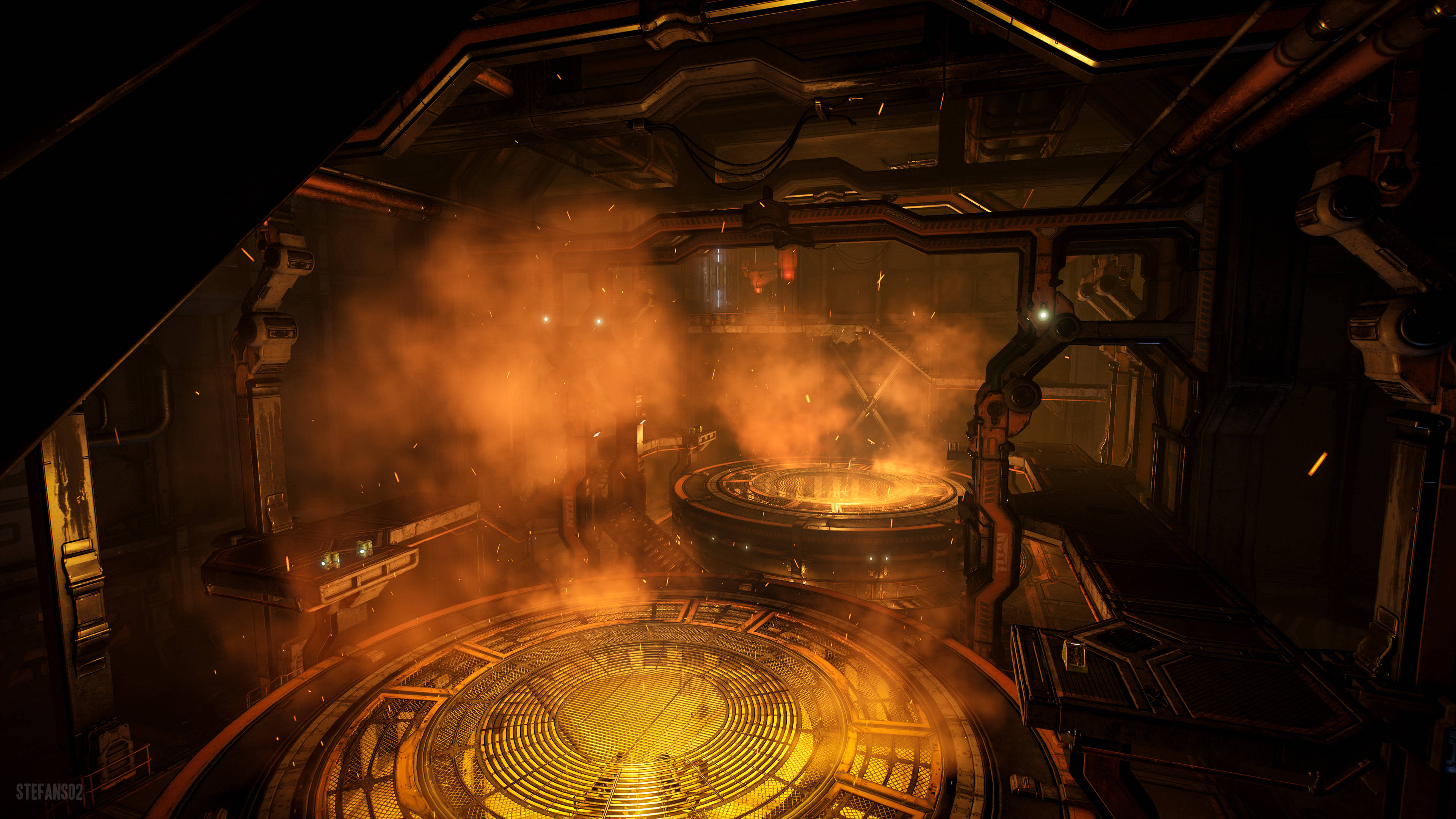 Doom 4K 桌布 壁紙 — 在黑暗的工業太空船引擎室內，一個發光的橙色反應堆核心隨著熱量和蒸汽脈動。