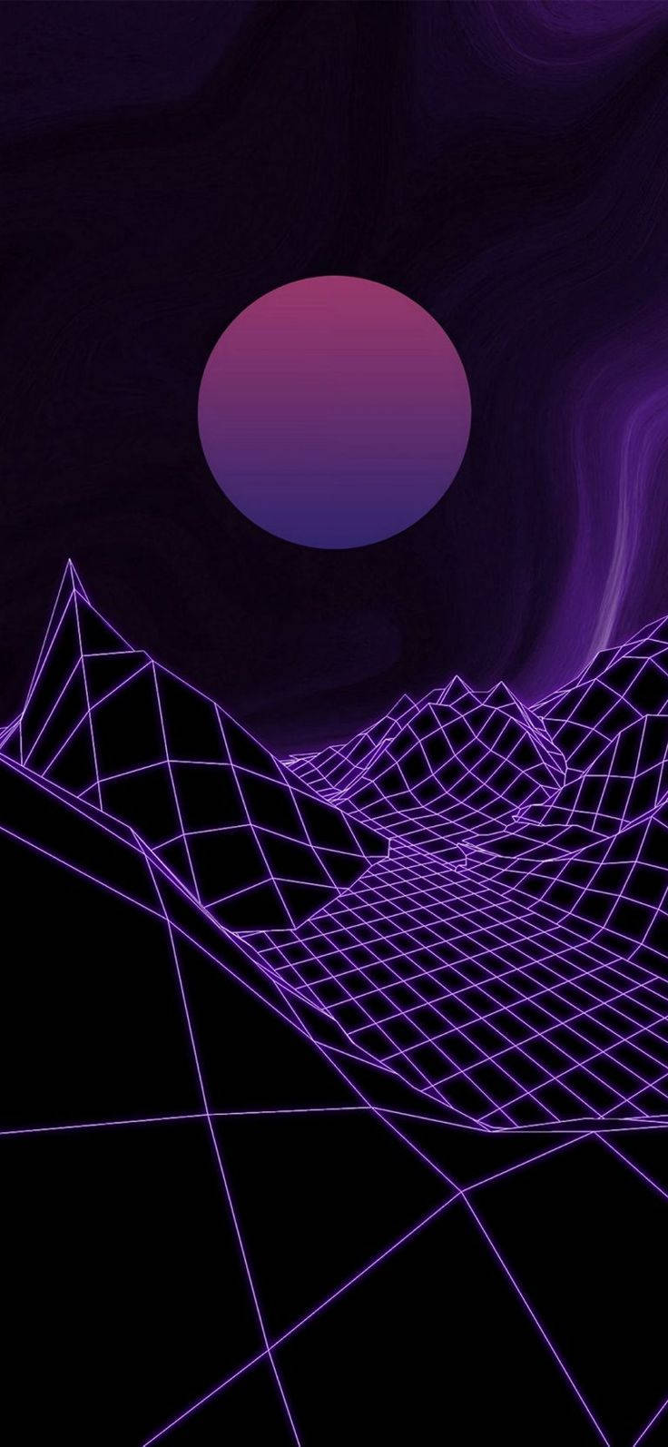 retro aesthetic iPhone 桌布 壁紙 — 在黑暗的復古未來場景中，漸變月亮下發光的紫色網格景觀。