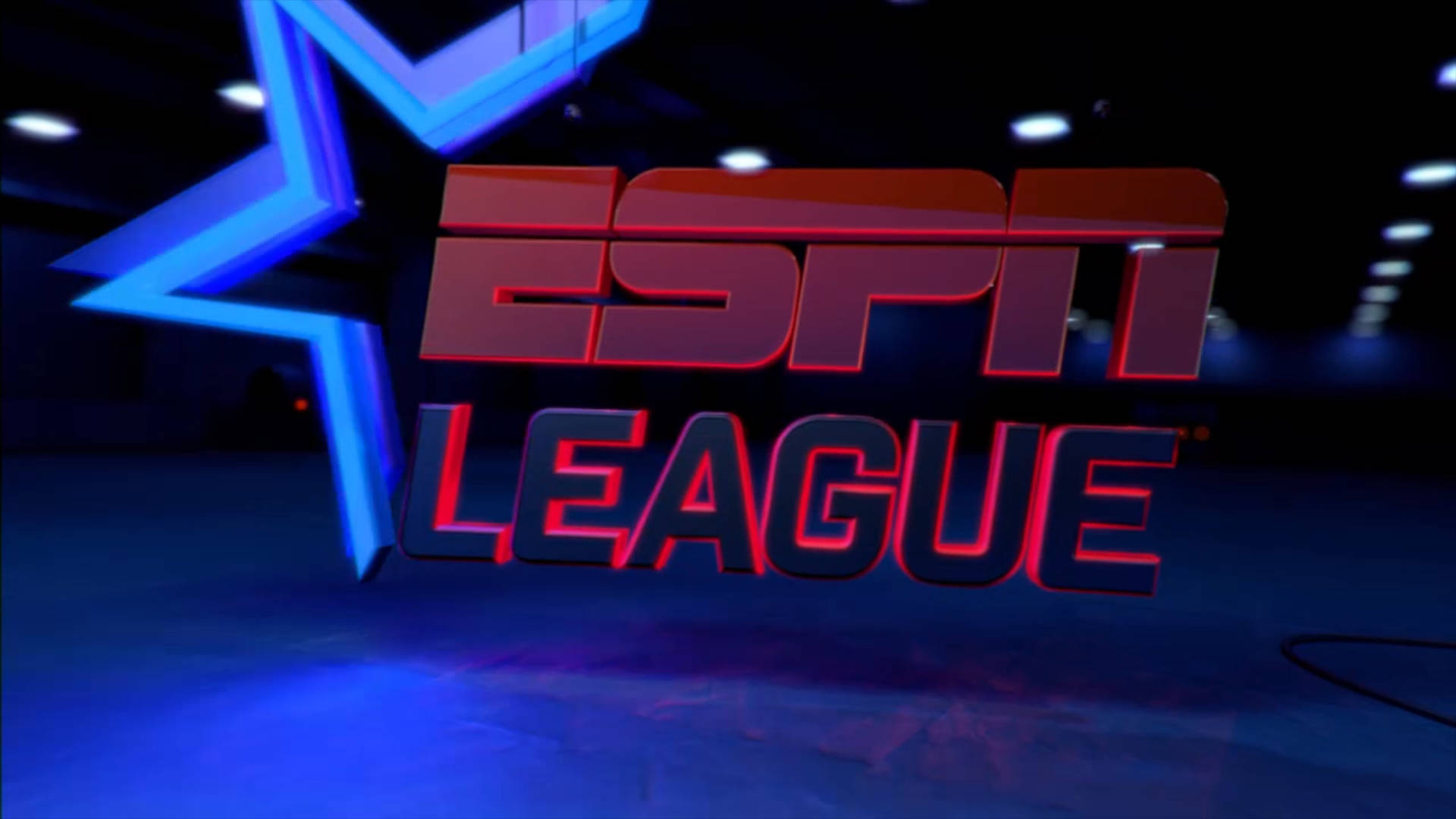 Espn 桌布 壁紙 — 在黑暗的攝影棚環境中，帶有紅色和藍色霓虹燈光的ESPN League標誌發光。