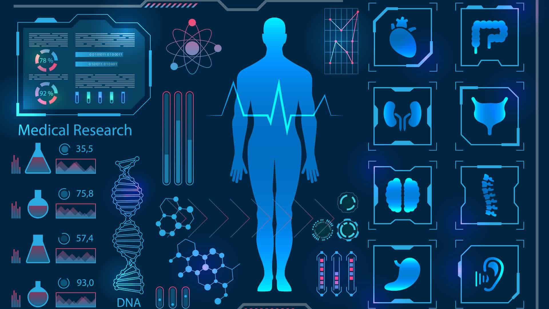Health 桌布 壁紙 — 在黑暗的數位介面上，一個發光的藍色人體輪廓被未來主義的醫療數據和器官圖標所包圍。