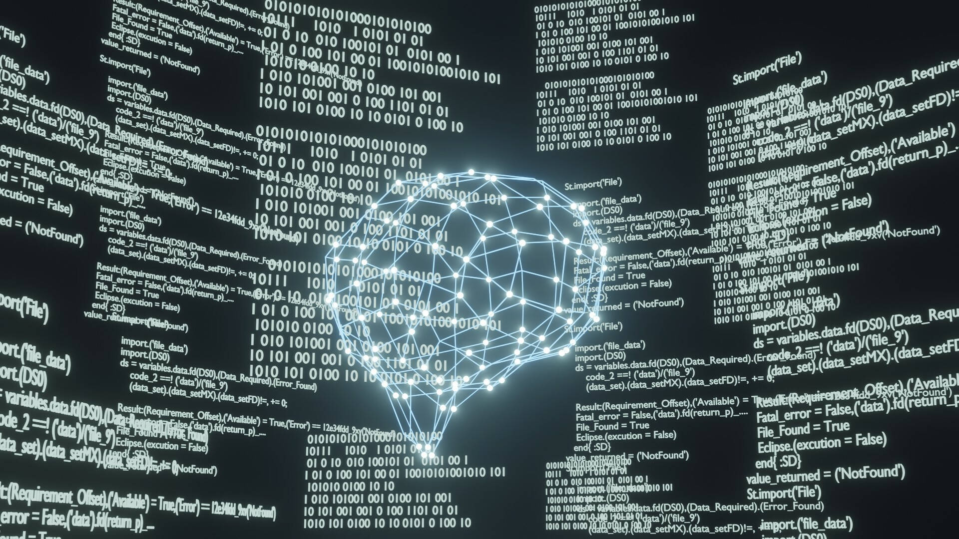 Brain 桌布 壁紙 — 在黑暗的數位螢幕上，一個發光的神經網絡大腦從層疊的二進制代碼和編程錯誤中浮現。