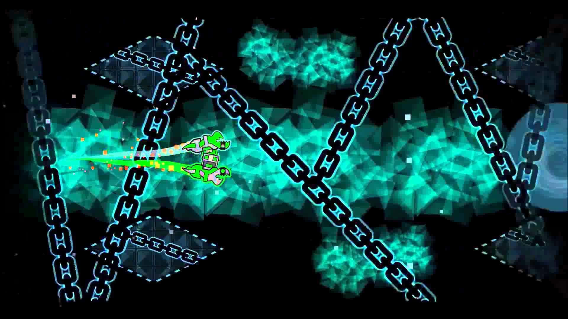 Geometry Dash 桌布 壁紙 — 在黑暗的數位遊戲場景中，一個綠色像素角色透過發光的青綠色鎖鏈發射雷射。