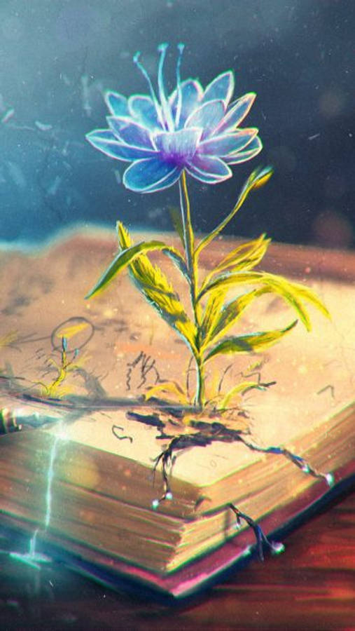 藝術 iPhone 桌布 壁紙 — 在黑暗的星空下，一朵發光的藍色花朵帶有黃色莖從古老的打開書本中長出。