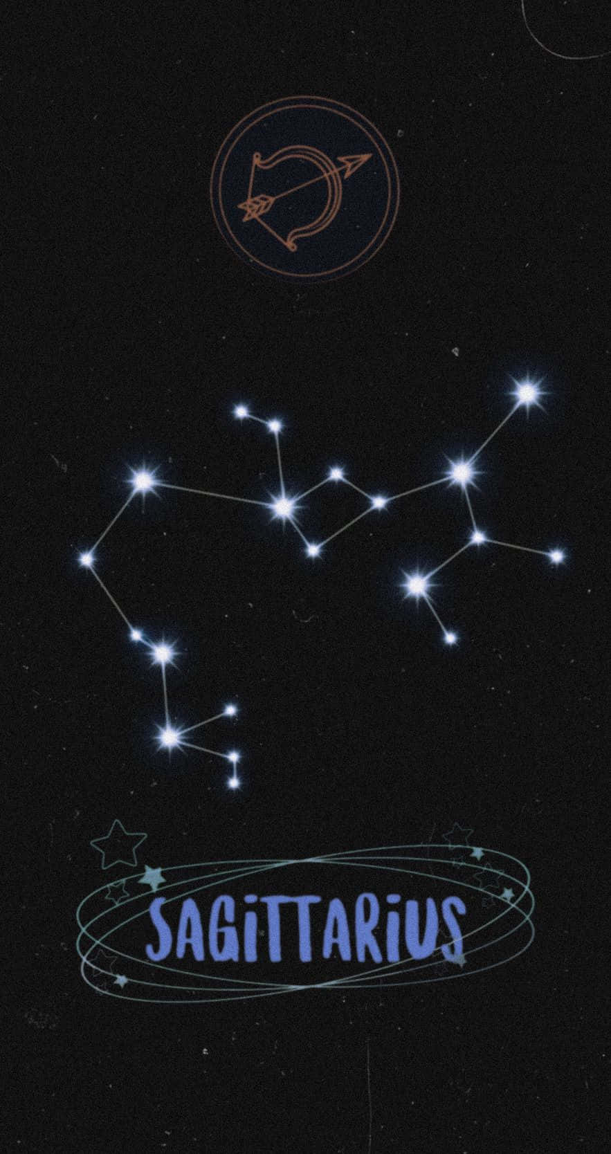 Arrow 桌布 壁紙 — 在黑暗的星空夜空背景下，一個發光的人馬座星座，帶有明亮的星星和圓形黃道符號。