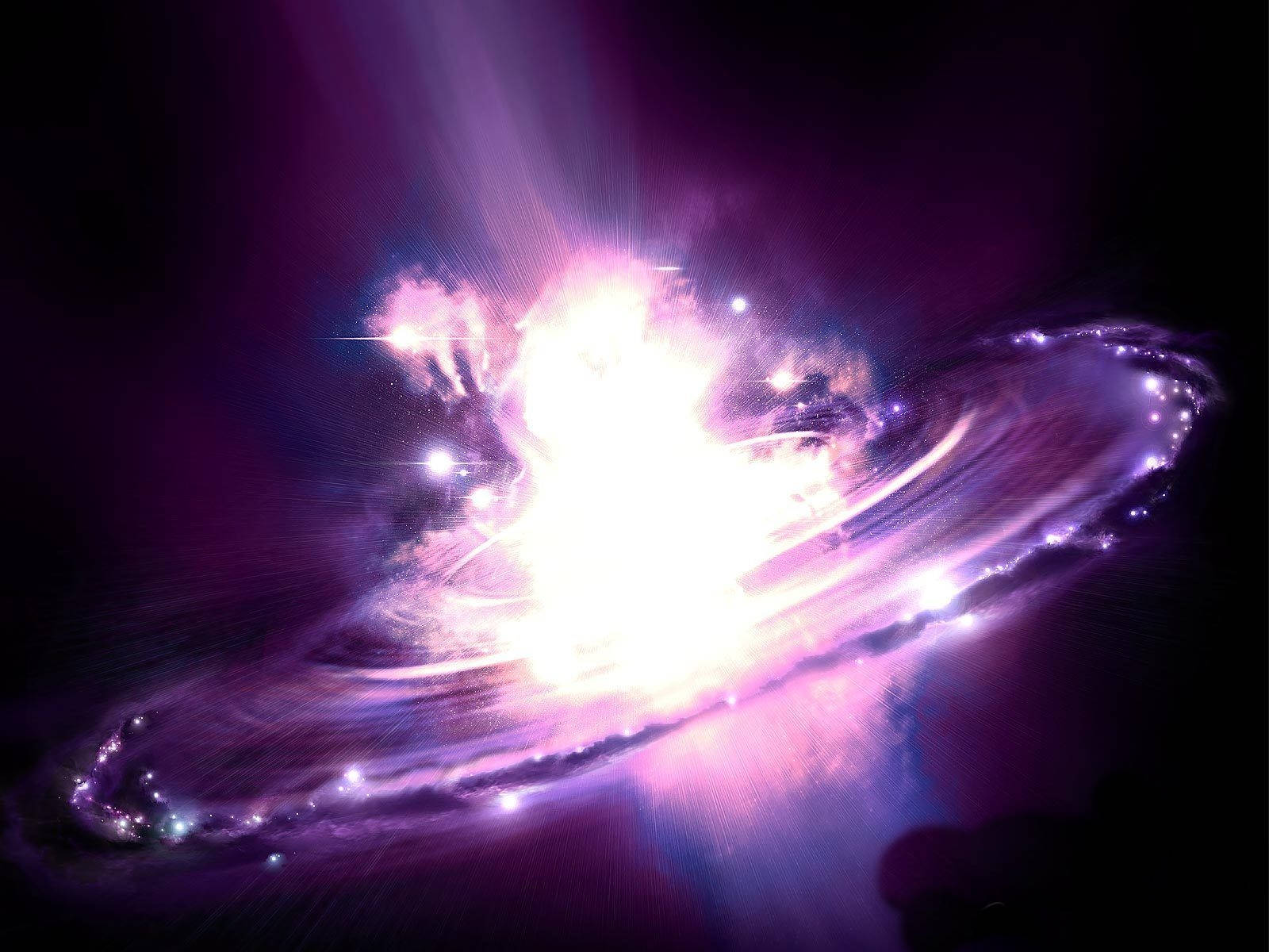 Indigo Aesthetic 桌布 壁紙 — 在黑暗的星空虛空中，一顆發光的紫色環狀行星噴發出燦爛的宇宙爆炸。
