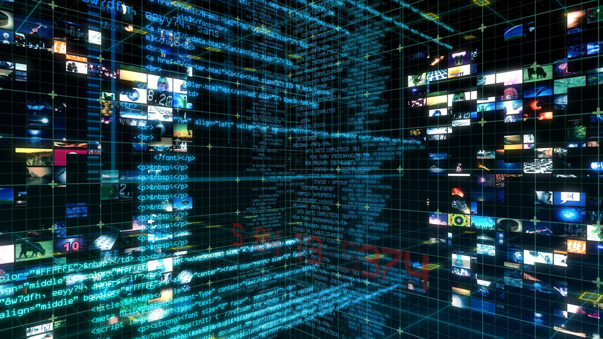 Code 桌布 壁紙 — 在黑暗的未來網路空間中，發光的藍色代碼和浮動視頻螢幕的數字網格。