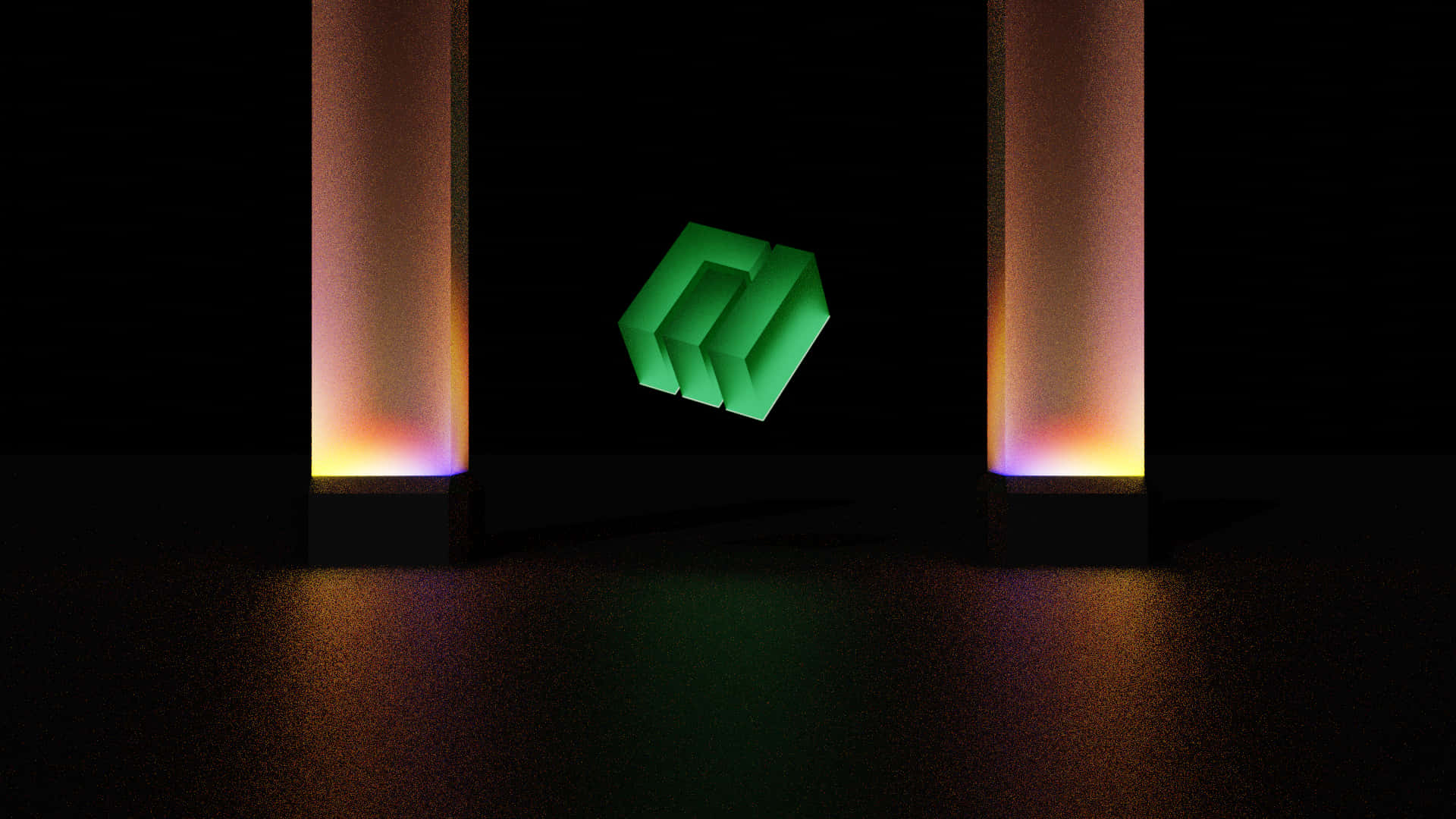 Manjaro 桌布 壁紙 — 在黑暗的極簡主義工作室中，一個發光的綠色幾何標誌漂浮在兩根照明柱之間。