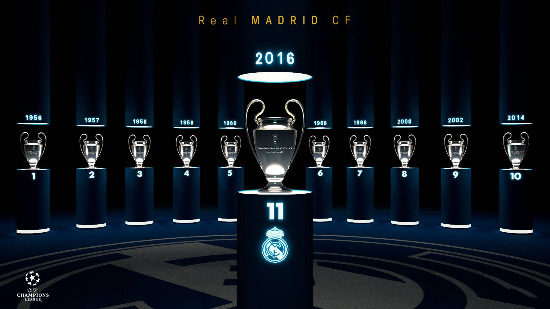 Real Madrid 4K 桌布 壁紙 — 在黑暗的球場環境中展示的十一個發光的歐洲聯賽冠軍盃獎盃，附有年份標籤和皇家馬德里CF品牌標誌。
