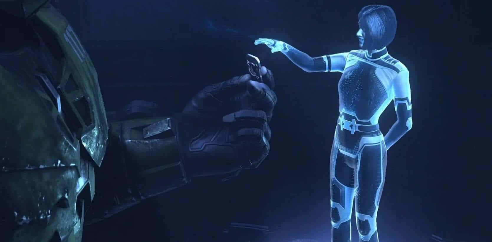 Halo Cortana 桌布 壁紙 — 在黑暗的科幻場景中，一位發光的藍色未來女性穿著時尚套裝，向一隻大型裝甲手伸出手。