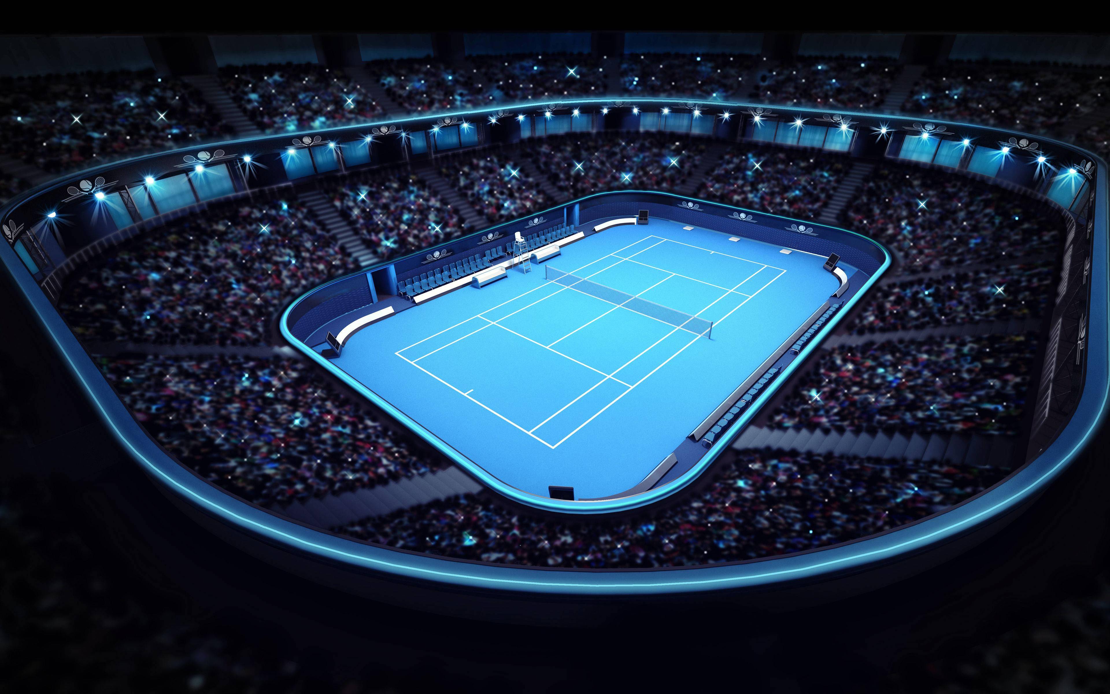 Tennis 桌布 壁紙 — 在黑暗的競技場中，明亮的體育場燈光下，一個發光的藍色網球場，周圍擠滿了歡呼的人群。