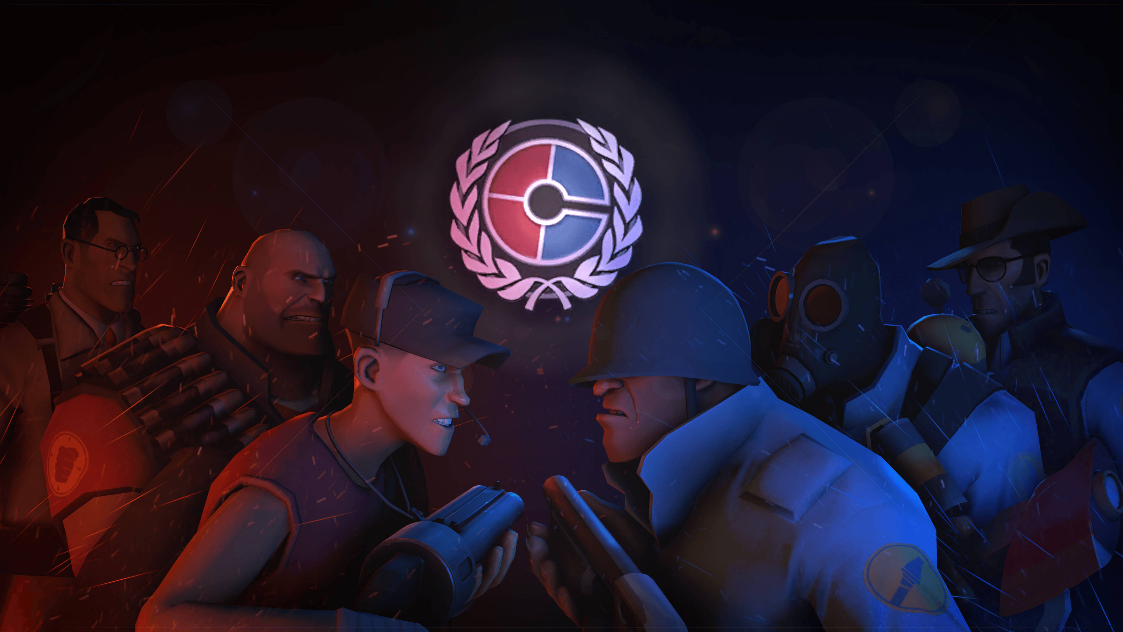 tf2 4K 桌布 壁紙 — 在黑暗的電影場景中，兩個士兵派系在發光標誌下緊張對峙。