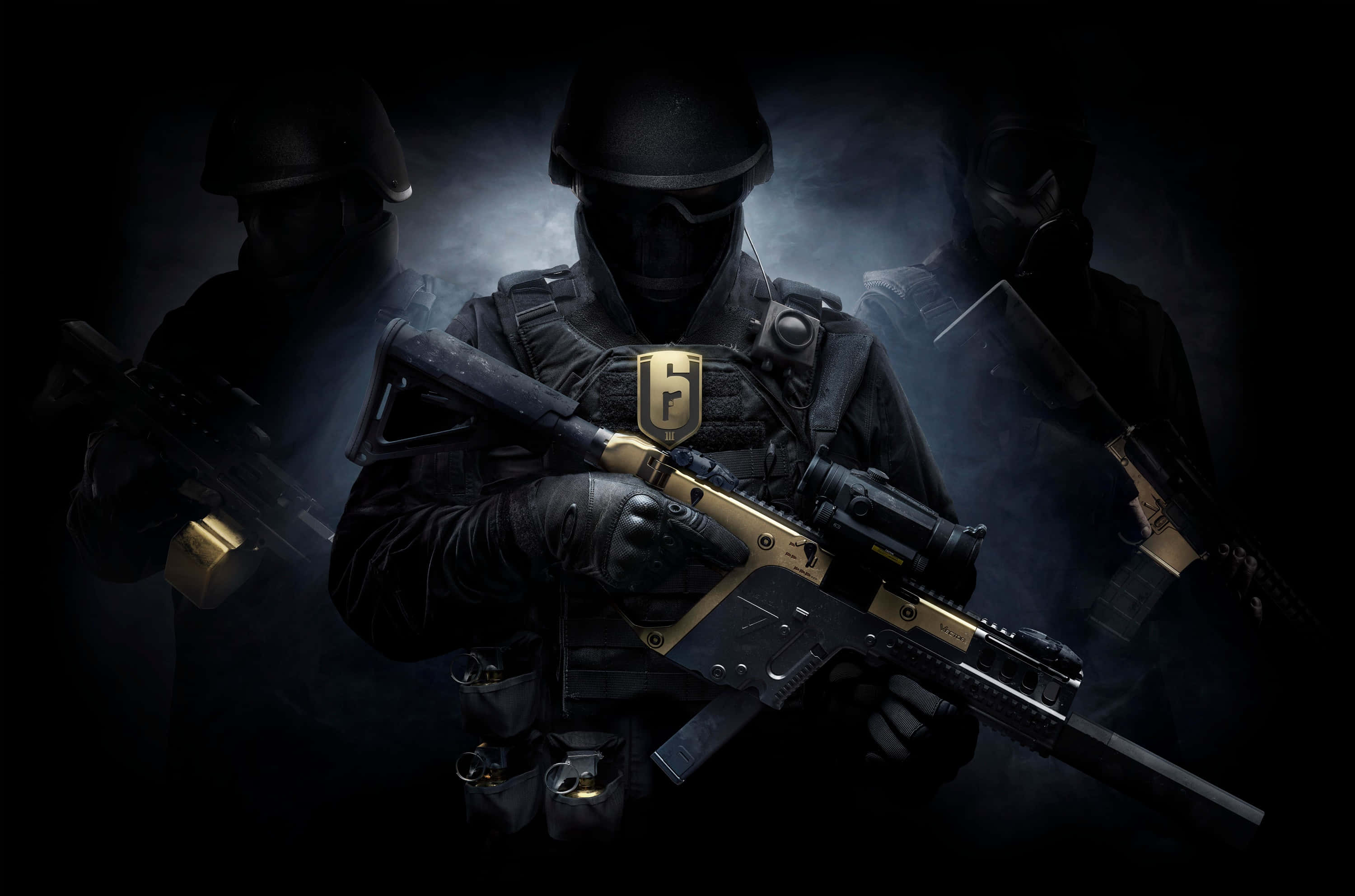 Best Rainbow Six Siege 桌布 壁紙 — 在黑暗的電影場景中，剪影士兵穿著戰術裝備，在戲劇性的煙霧和聚光燈下持步槍。