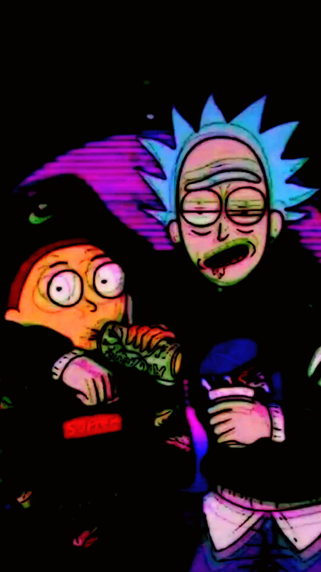 rick 桌布 壁紙 — 在黑暗的霓虹燈場景中，瑞克咧嘴笑，莫蒂拿著飲料。