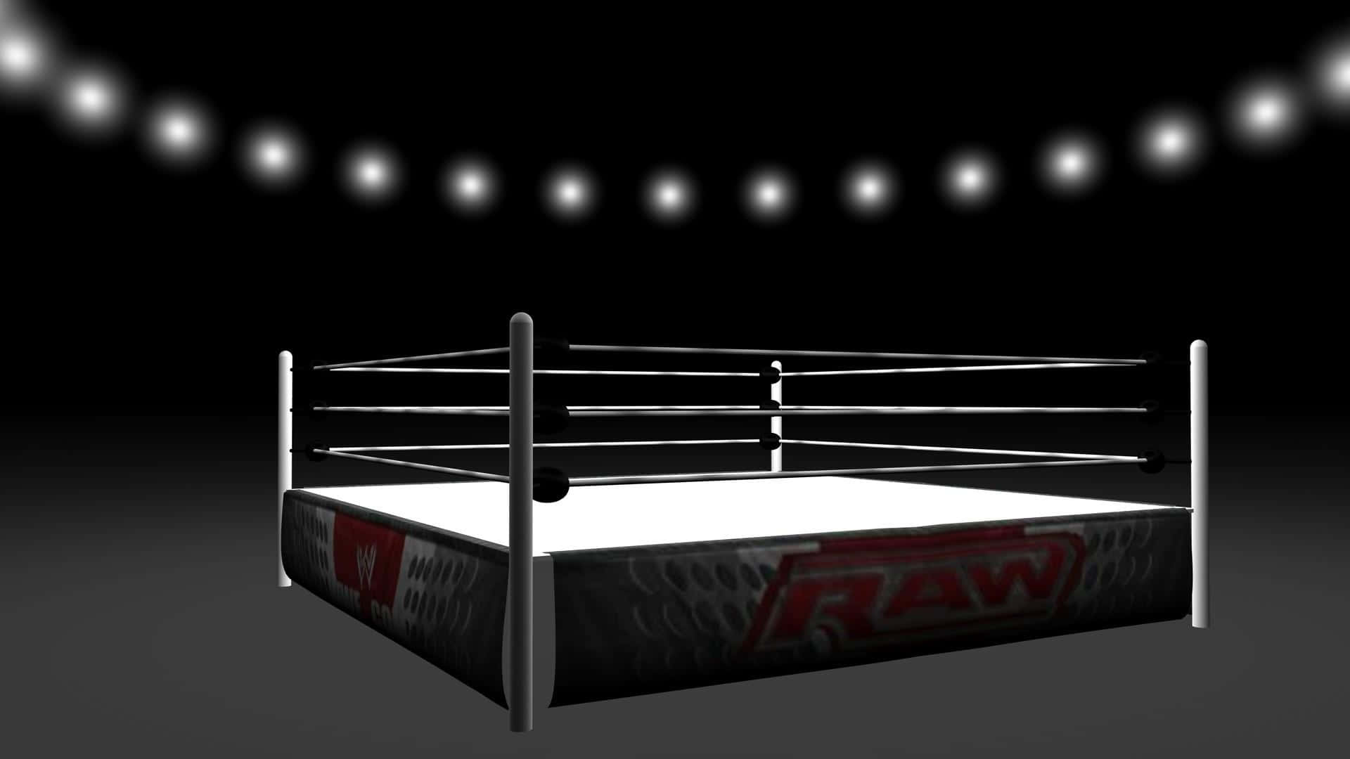 Wrestling Ring 桌布 壁紙 — 在黑暗競技場背景下被聚光燈照亮的WWE RAW摔角擂台。