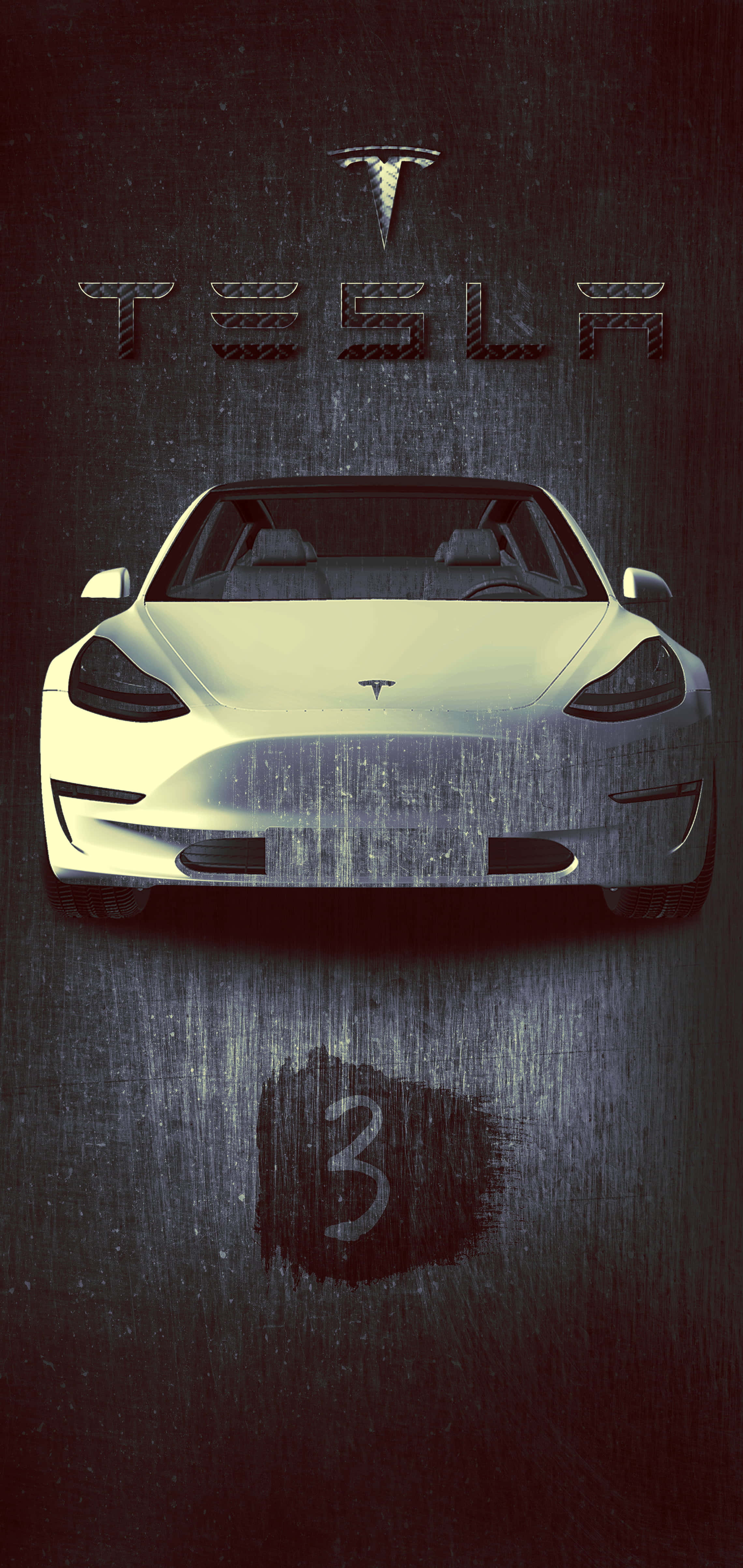 Tesla iPhone 桌布 壁紙 — 在黑暗粗糙的城市燈光下，一輛時尚白色Tesla汽車的前視圖，帶有發光的標誌和下方的數字三。