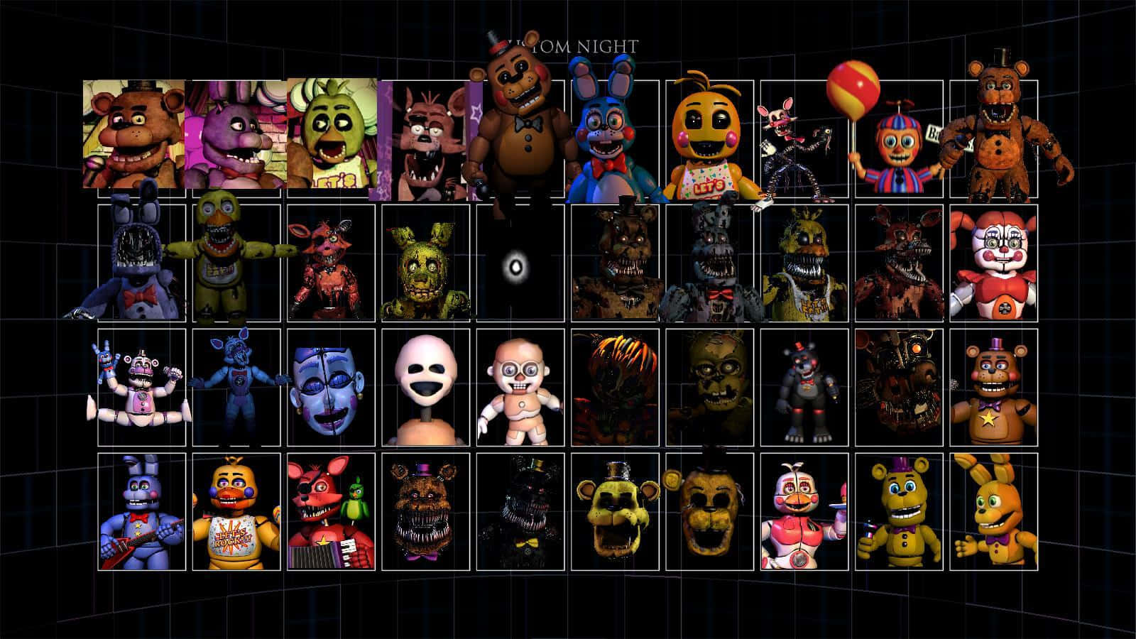 Ultimate Custom Night 桌布 壁紙 — 在黑暗網格背景上，來自《佛萊迪餐館之五夜驚魂》的威脅性電子動畫角色網格。