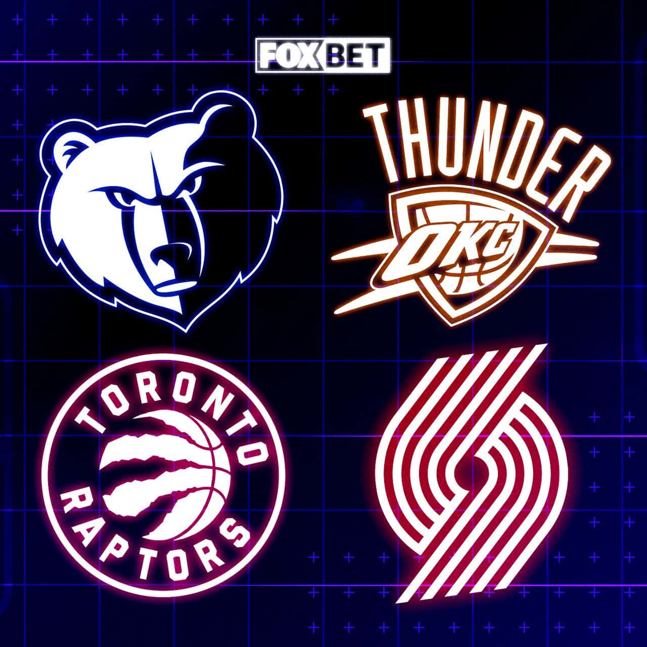 NBA Teams 桌布 壁紙 — 在黑暗網格背景上帶有「FOX BET」文字的霓虹發光NBA球隊標誌。