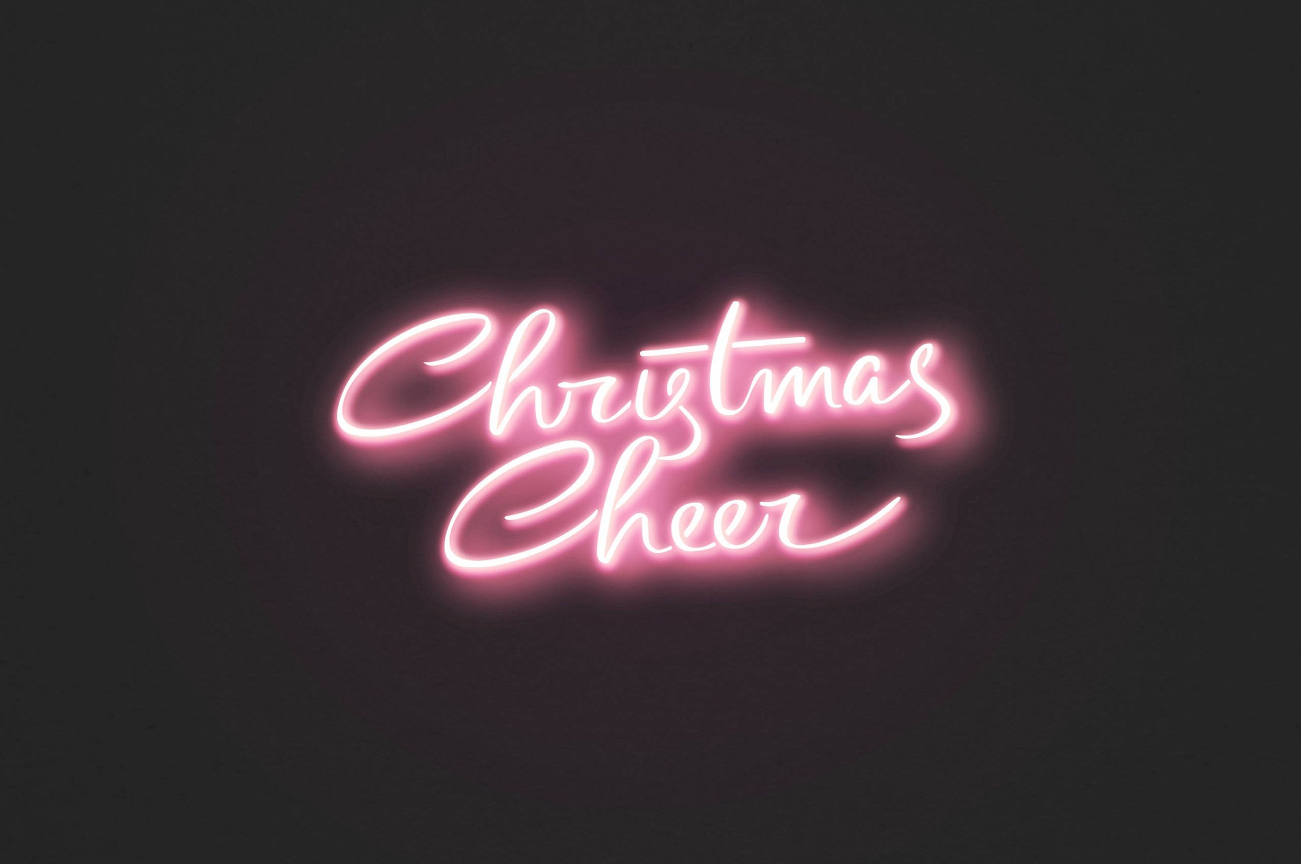 christmas laptop 桌布 壁紙 — 在黑暗背景上，一個發光的粉紅色霓虹燈牌寫著 Christmas Cheer。