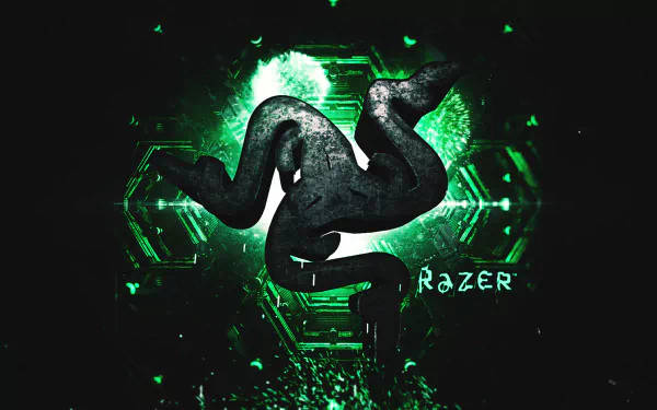 未來科技設計中的發光綠色Razer標誌，帶有風格化蛇。 — 4K 壁紙