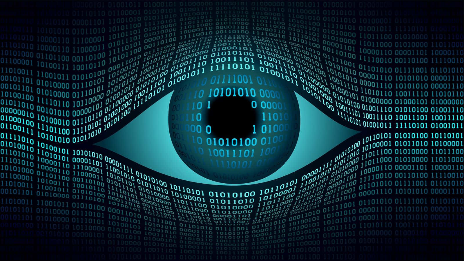 Dark Web 桌布 壁紙 — 在黑暗背景上，一個發光的藍色數位眼睛被流動的二進位代碼包圍。