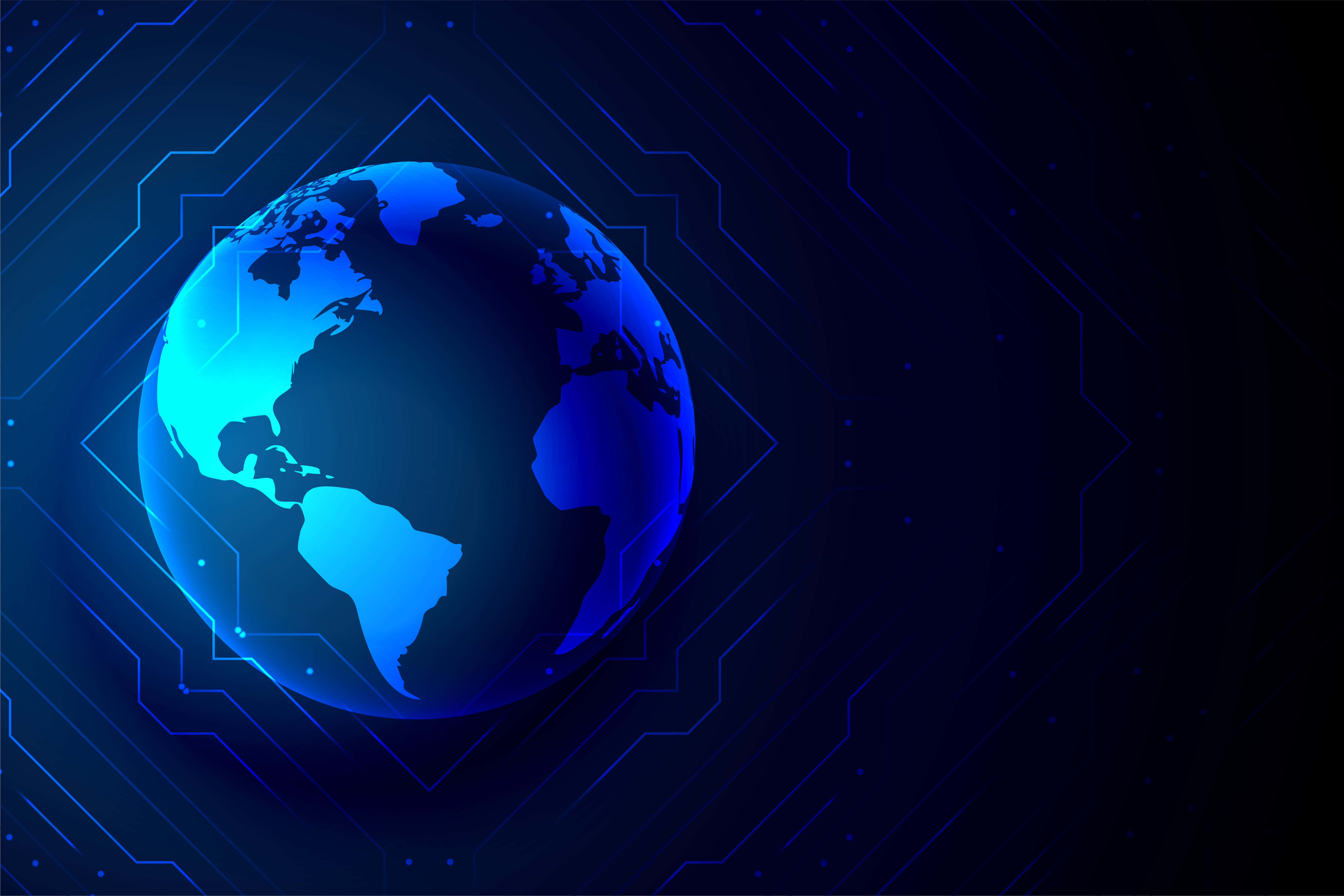 Global 桌布 壁紙 — 在黑暗背景上，一個發光的藍色數位地球儀置於未來風格的電路板設計中央。