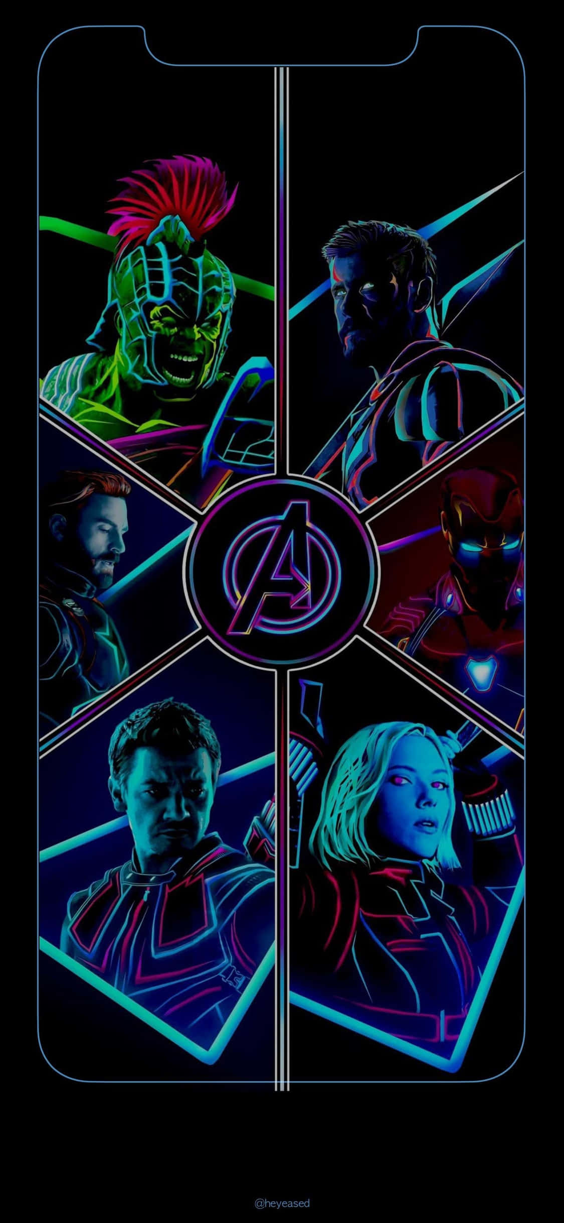 iPhone Xs Marvel's Avengers 桌布 壁紙 — 在黑暗背景上，以幾何網格排列的霓虹燈復仇者聯盟角色，帶有發光輪廓。