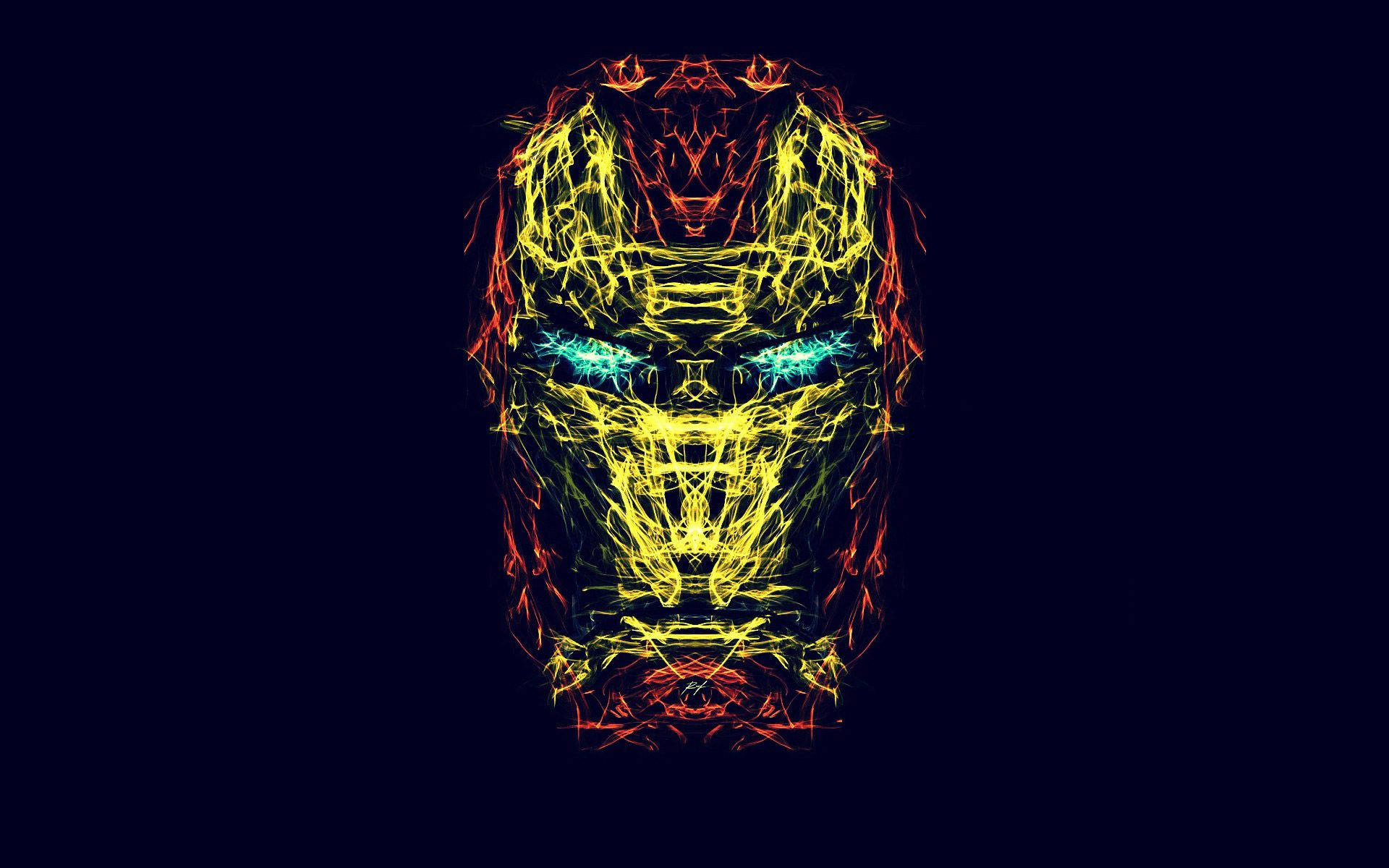 tony stark 桌布 壁紙 — 在黑暗背景上，帶有電光黃色和紅色線條的發光霓虹分形鋼鐵人頭盔。