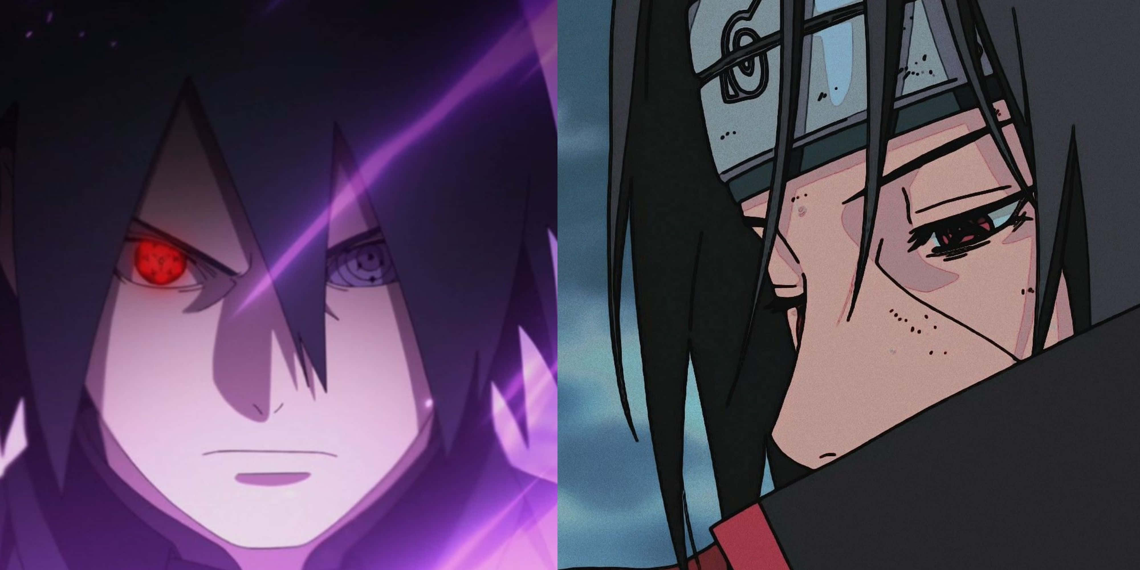 Sasuke Naruto 桌布 壁紙 — 在黑暗背景上，擁有發光紅眼和紫色能量光束的動漫角色。