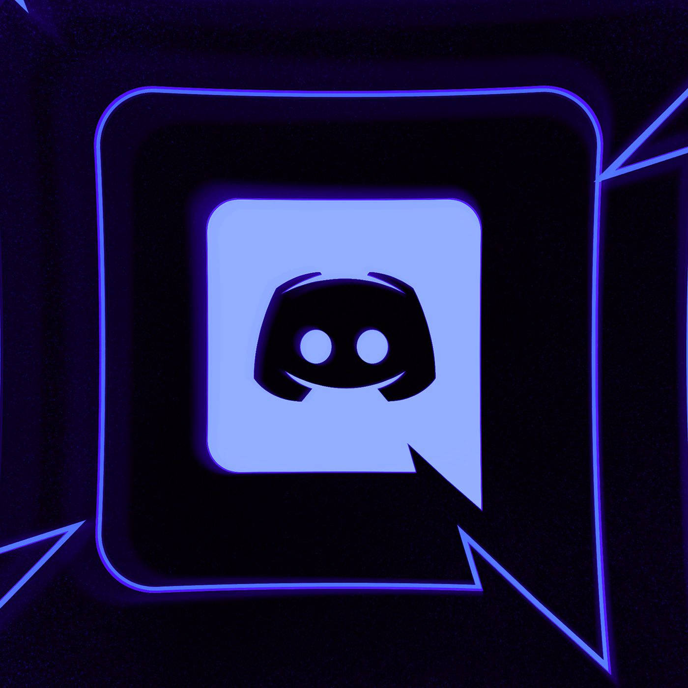 Discord 桌布 壁紙 — 在黑暗背景上，發光藍色 Discord 標誌在霓虹對話框內亮起。
