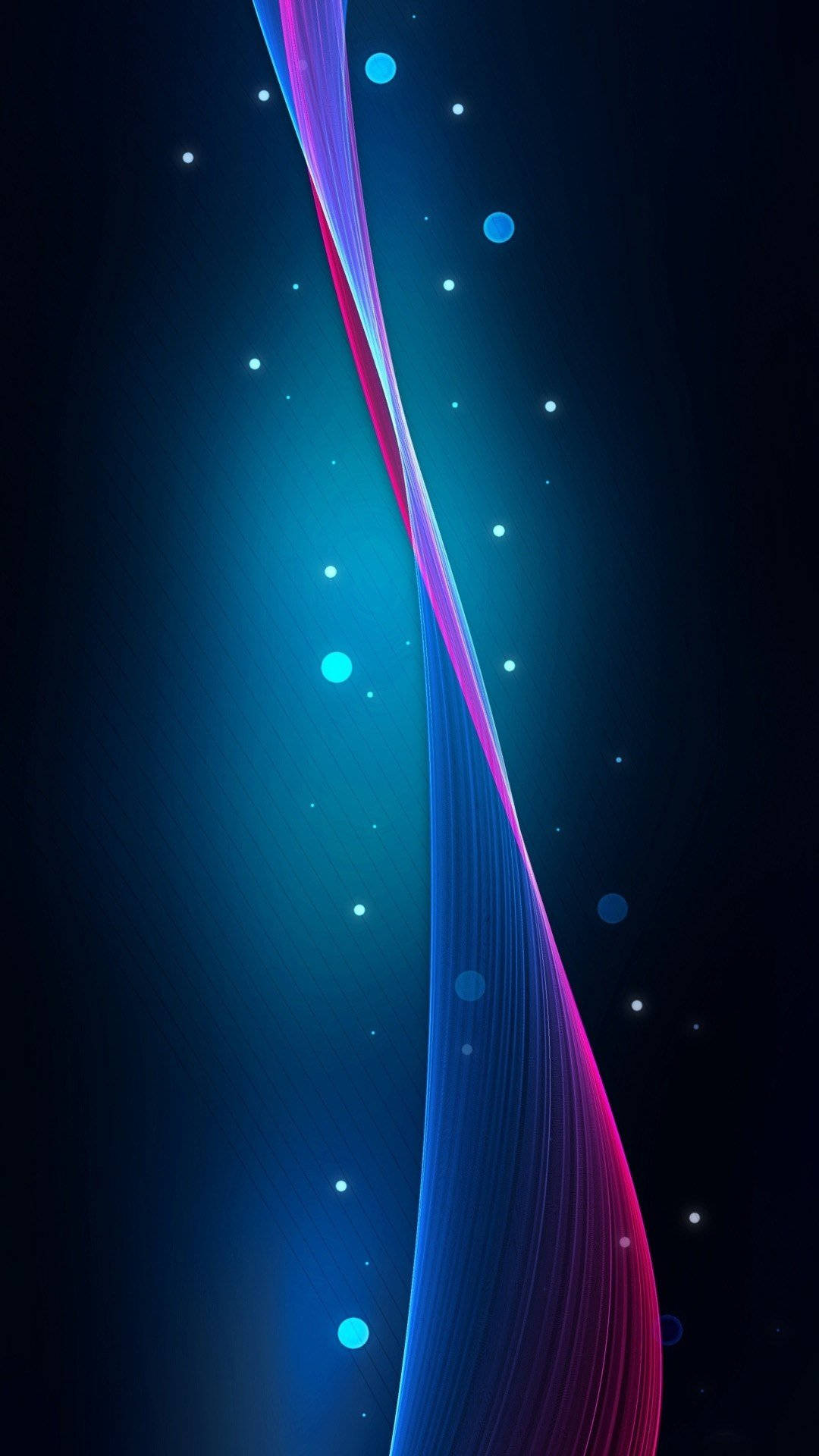 Samsung Galaxy J7 桌布 壁紙 — 在黑暗背景上，藍色和粉紅色的光條形成充滿活力的數位漩渦，點綴著發光的球體。