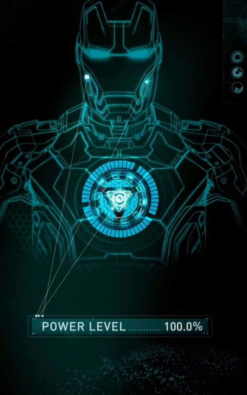 Iron Man Technology 桌布 壁紙 — 在黑暗背景上，鋼鐵人戰衣的發光藍色全息輪廓，能量水平為100％。