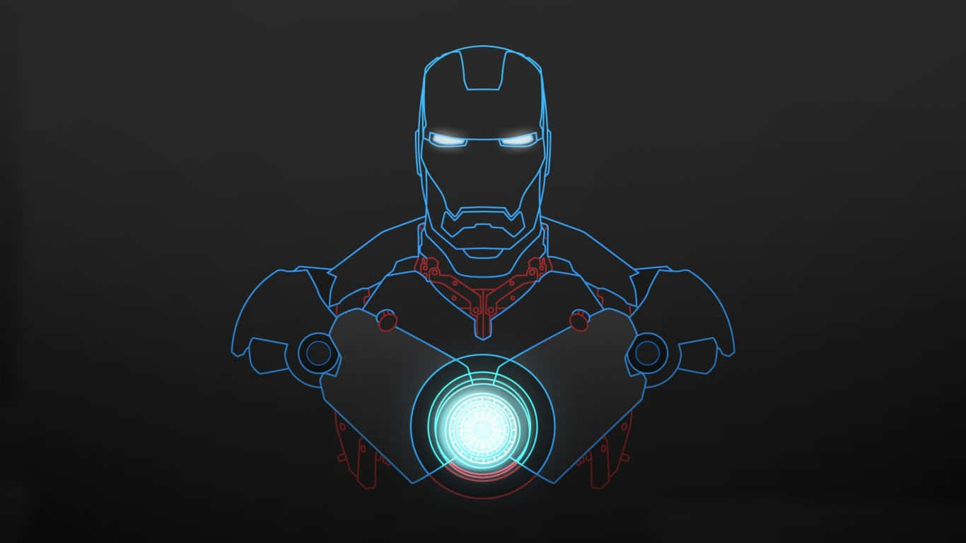 1366x768 Iron Man 桌布 壁紙 — 在黑暗背景上，鋼鐵人軀幹的發光藍色和紅色輪廓，帶有明亮的胸部弧形反應器。