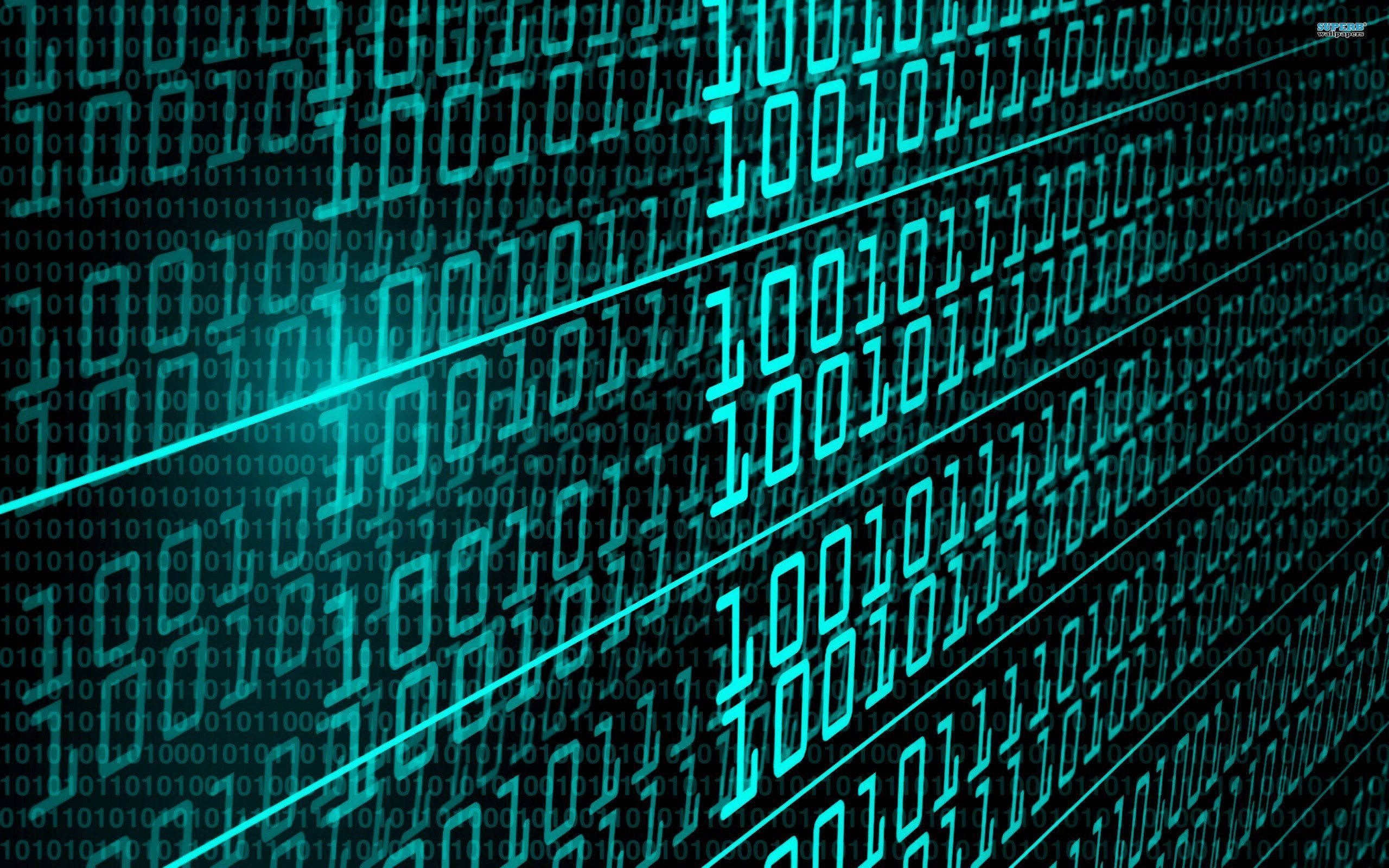 Cyber 桌布 壁紙 — 在黑暗背景上以發光的青綠色線條呈現的數位二進制代碼流，營造出未來科技氛圍。