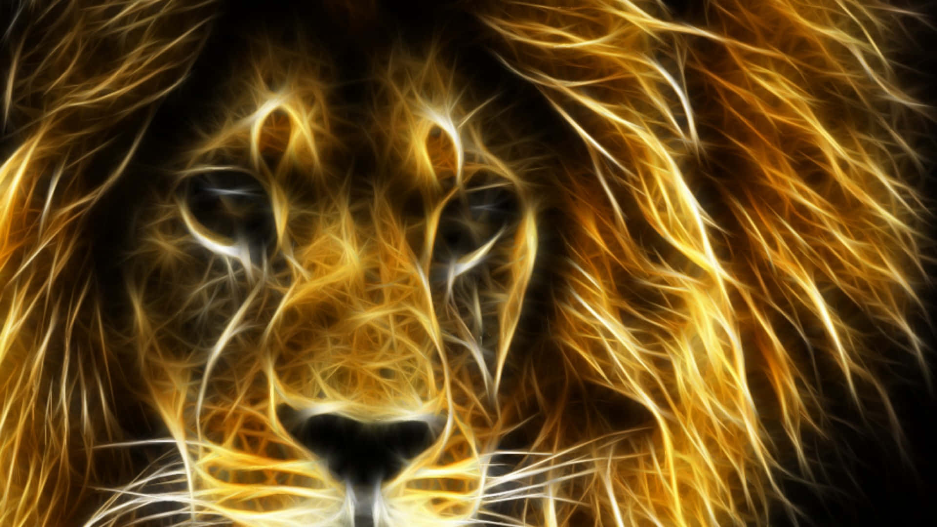 Leo 桌布 壁紙 — 在黑暗背景上以發光金色碎形線條呈現的雄獅面孔。