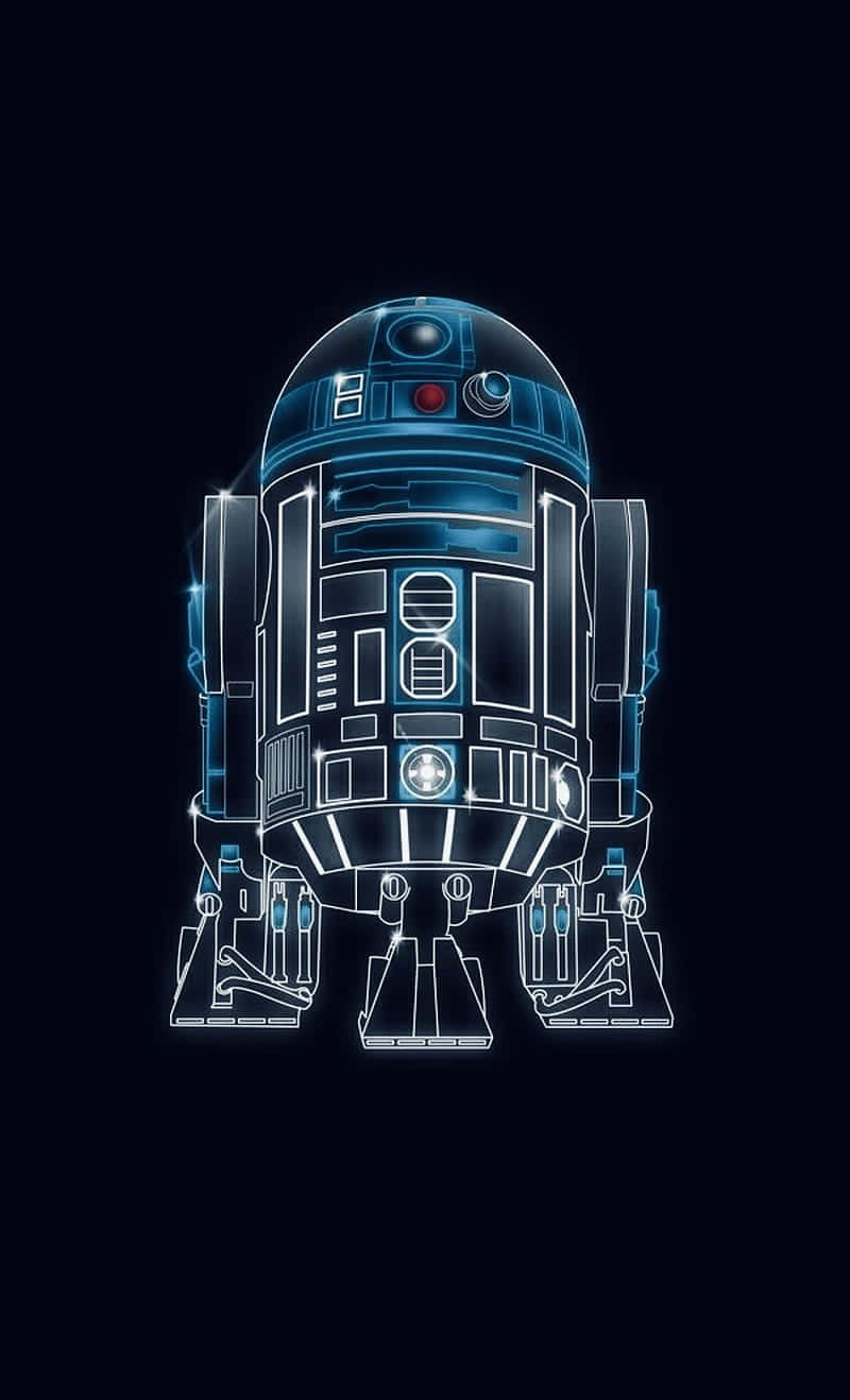r2d2 桌布 壁紙 — 在黑暗背景上以霓虹燈勾勒出的發光藍白R2-D2機器人。