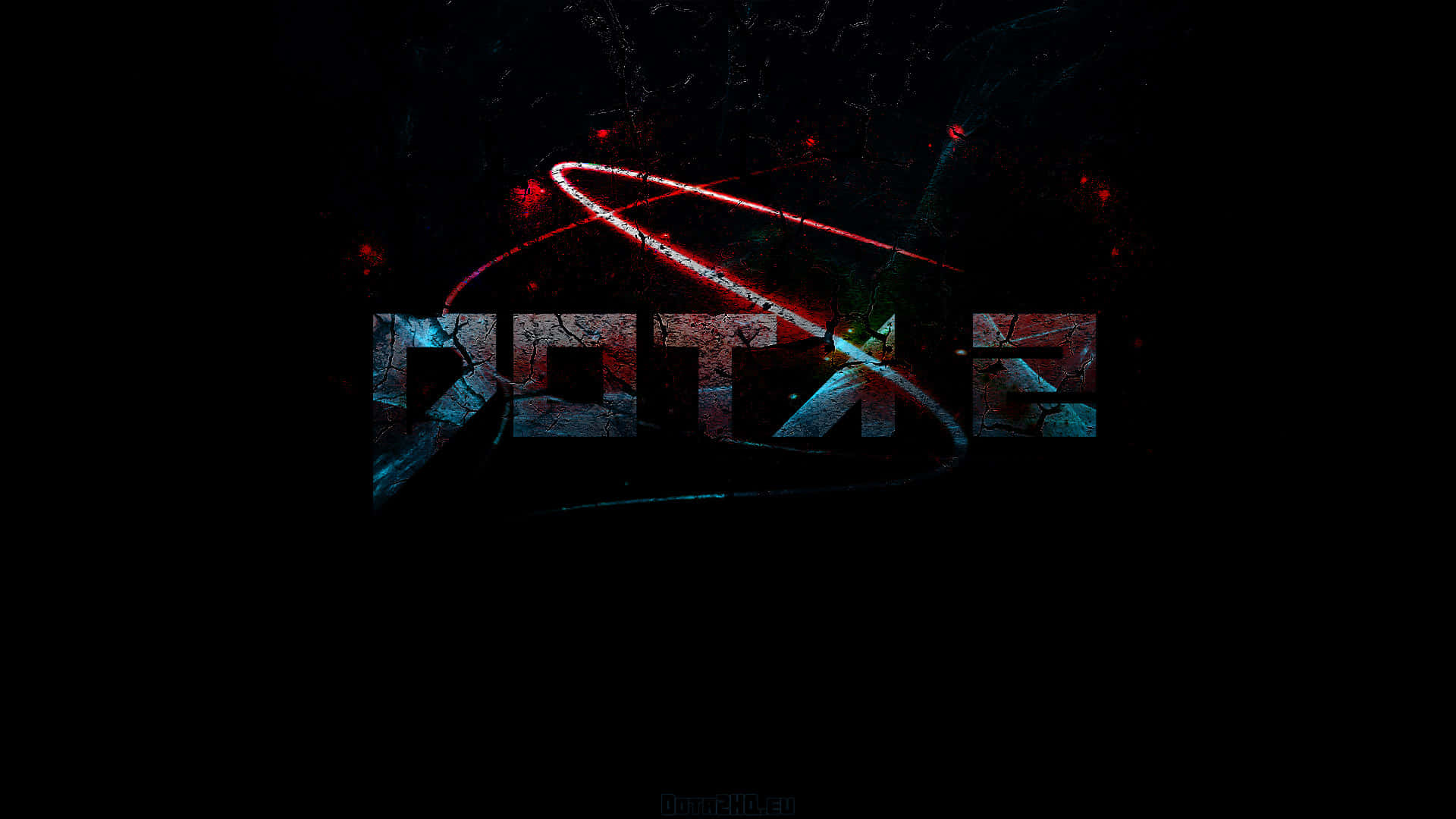 1920x1080 Dota 2 桌布 壁紙 — 在黑暗背景上帶有火花和數位扭曲的發光紅色和藍色碎裂文字標誌。