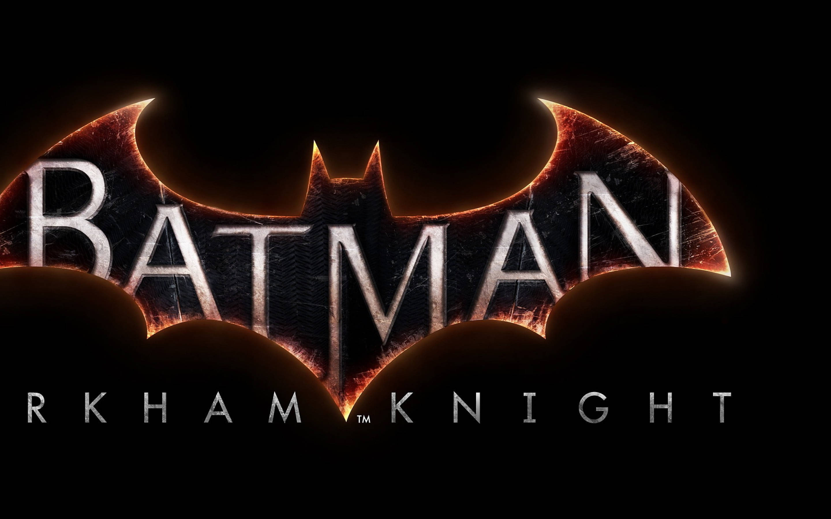 Batman Logo 桌布 壁紙 — 在黑暗背景上發光的蝙蝠標誌，帶有「BATMAN」和「ARKHAM KNIGHT」文字。
